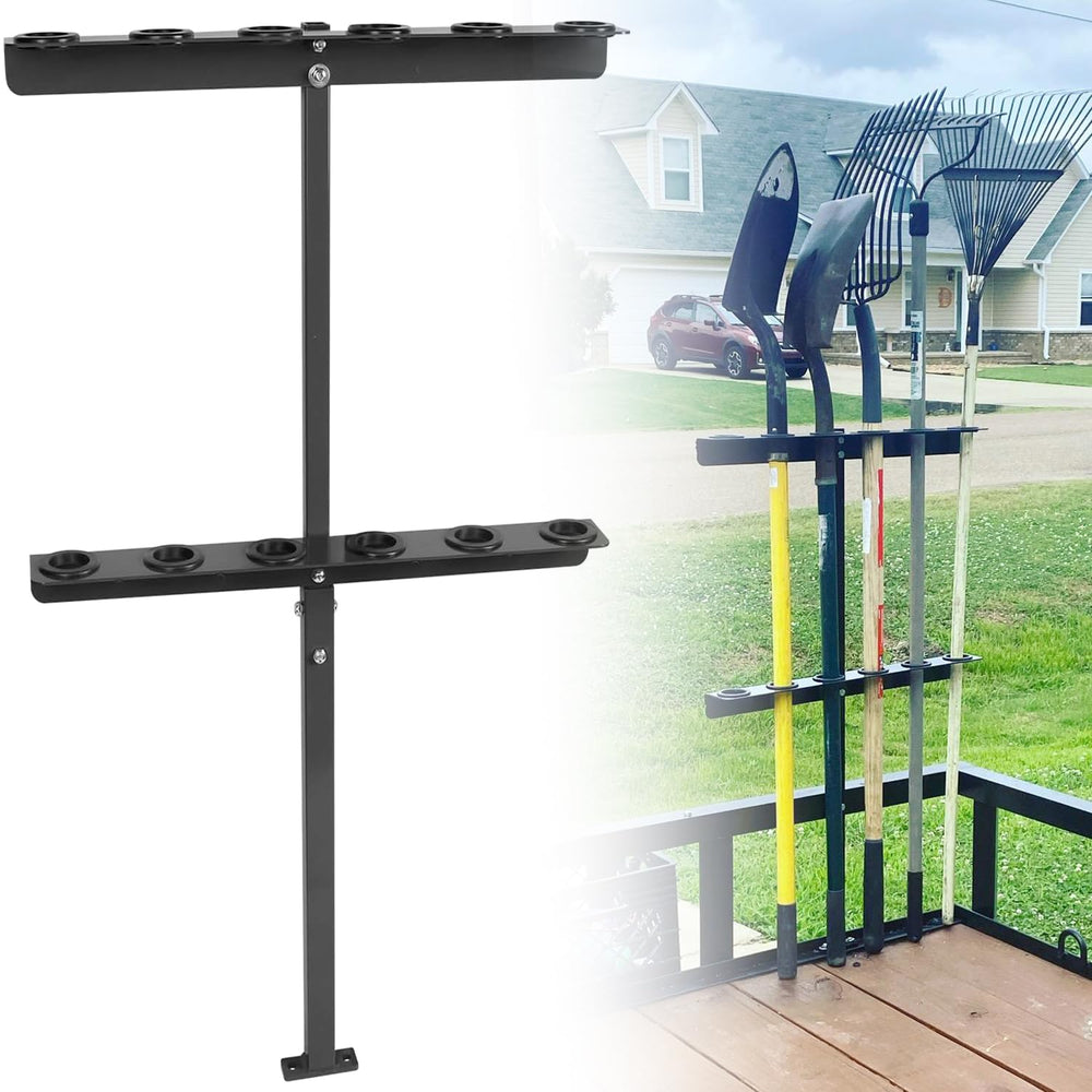 ELITEWILL Landscape Hand Tool Rack mounted on a trailer for secure shovels and rakes.