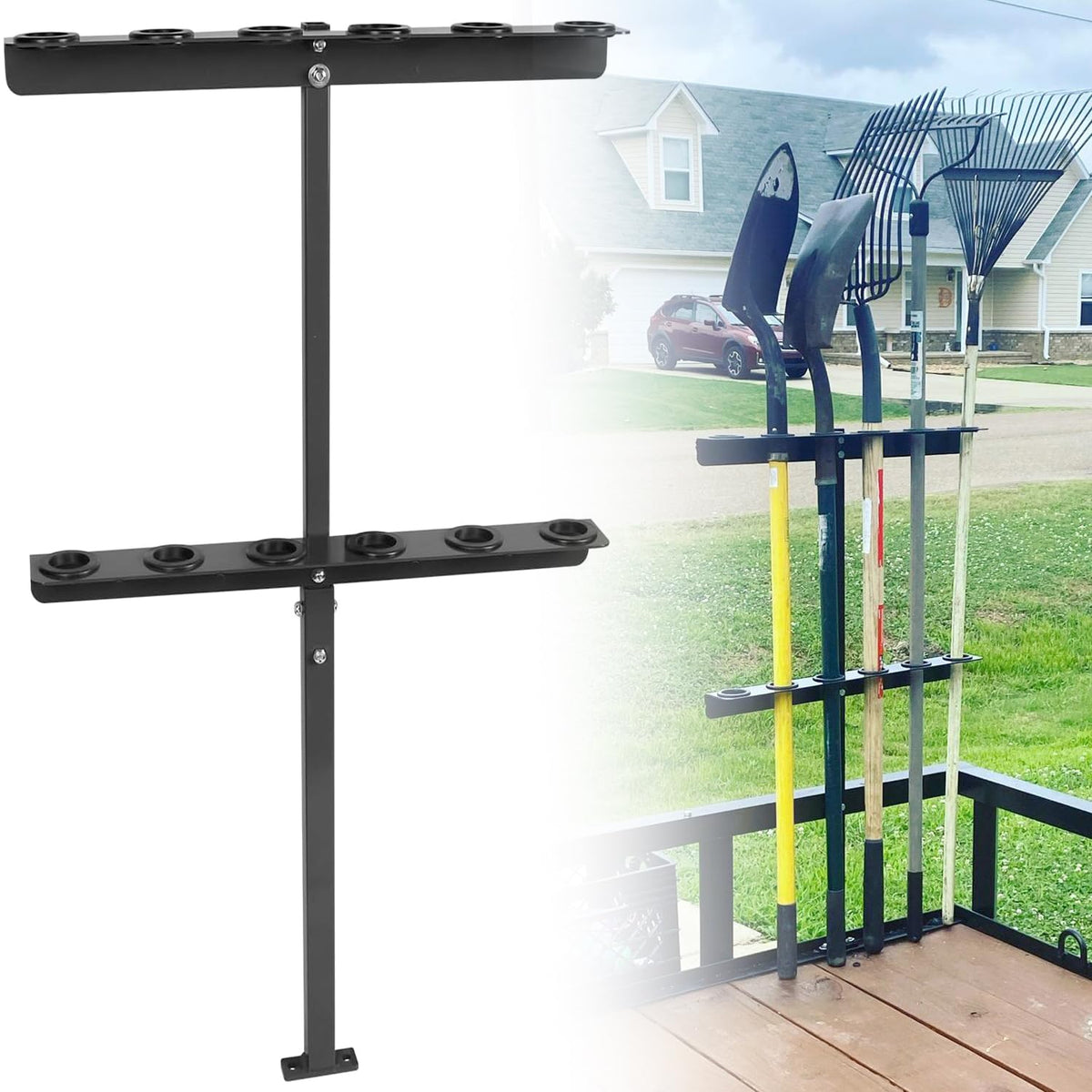 ELITEWILL Landscape Hand Tool Rack mounted on a trailer for secure shovels and rakes.