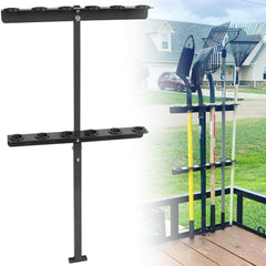 ELITEWILL Landscape Hand Tool Rack mounted on a trailer for secure shovels and rakes.