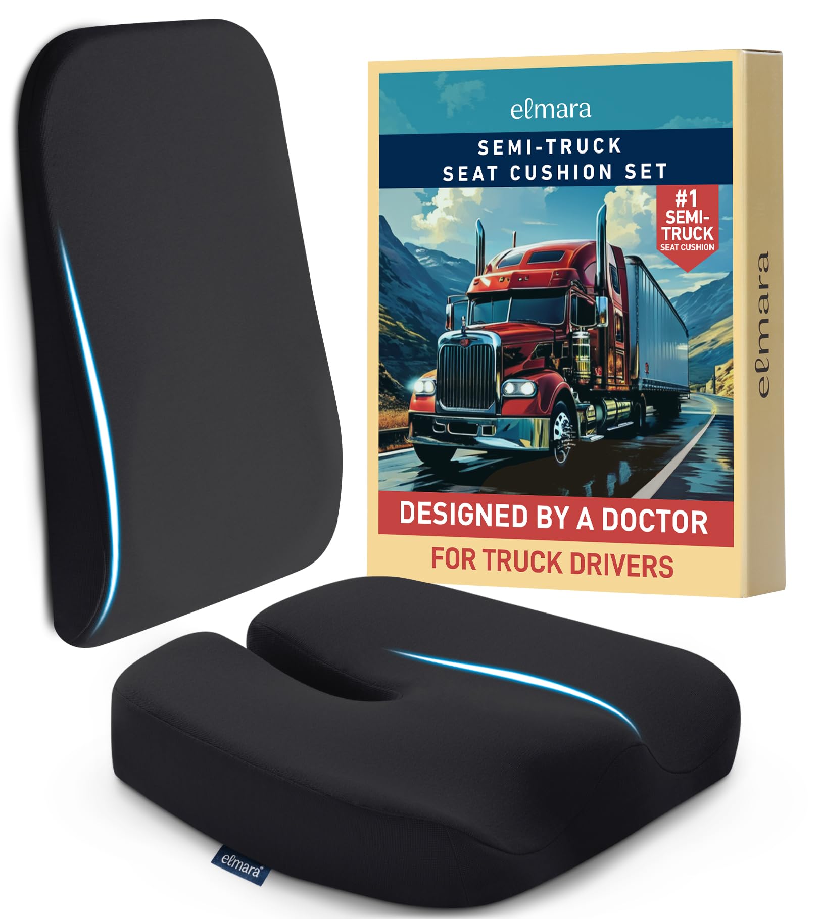 Elmara doctor-led seat cushion on a semi-truck seat supporting ergonomic posture during long drives.