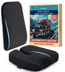 Elmara doctor-led seat cushion on a semi-truck seat supporting ergonomic posture during long drives.