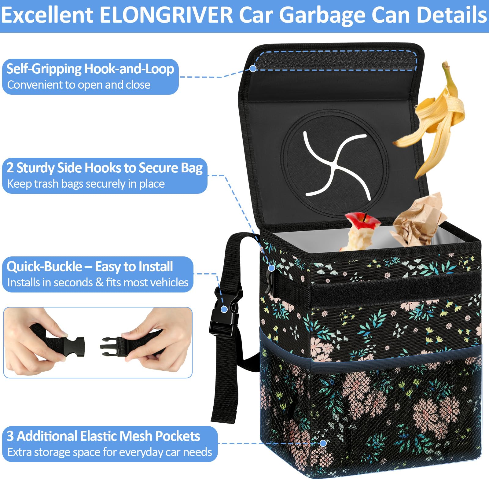 Adjustable strap lets you mount the trash can on headrests or glove box.