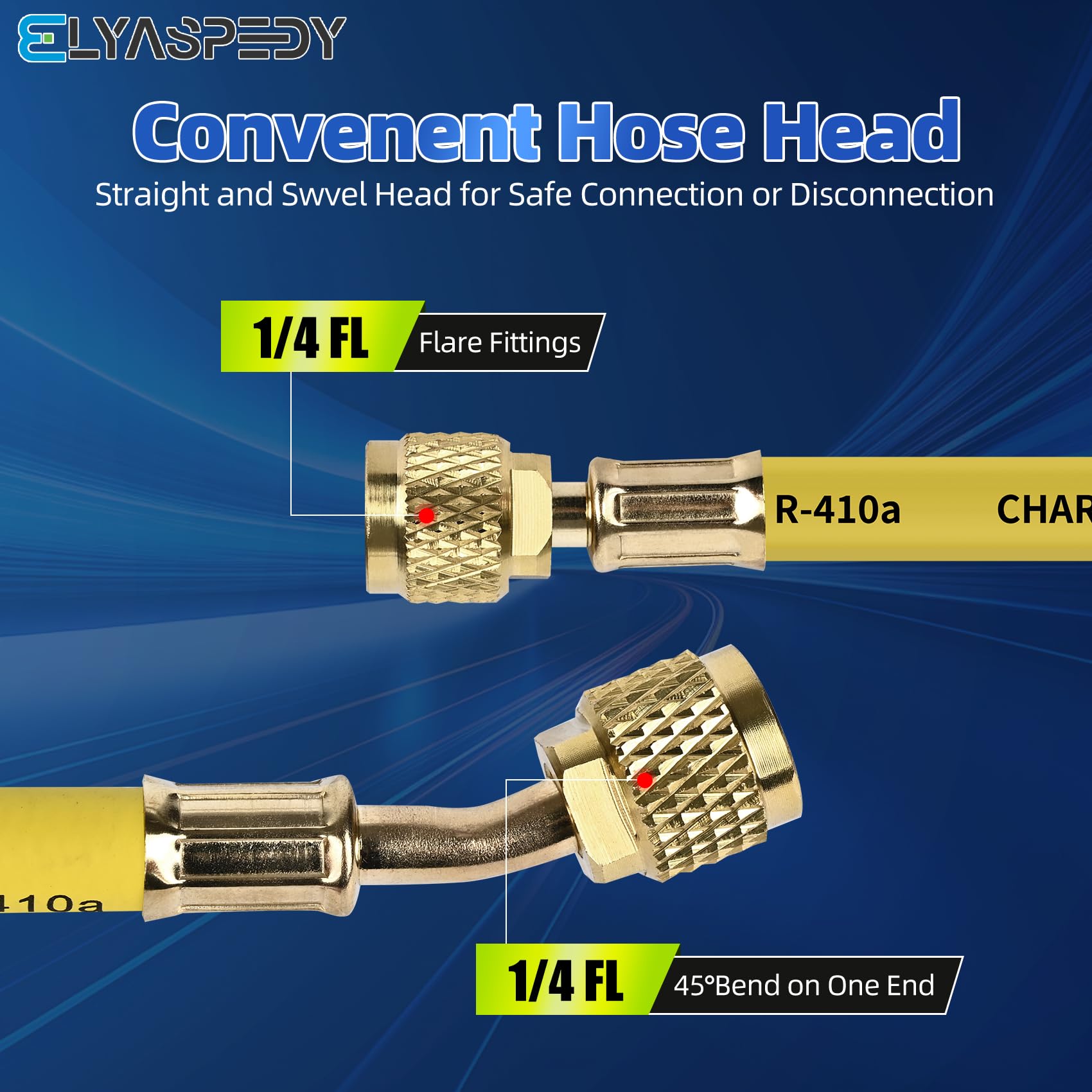 Brass alloy connectors with deep knurling on Elyaspedy hoses for secure installation.
