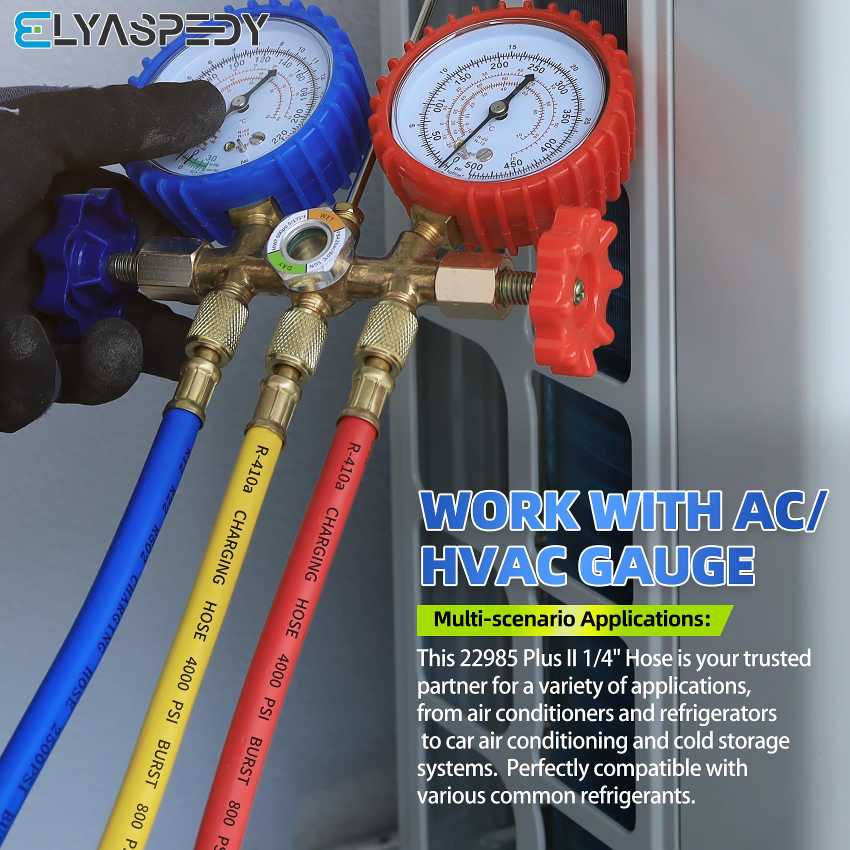 Pack of three Elyaspedy hoses for multi-line service in HVAC projects.