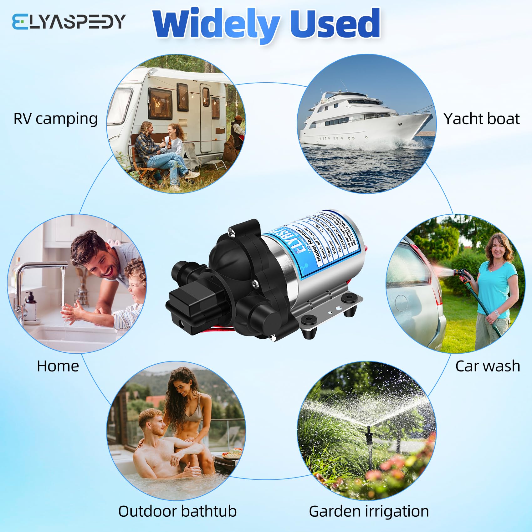 Elyaspedy RV pump 45 PSI graphic reflects steady on-the-go pressure.
