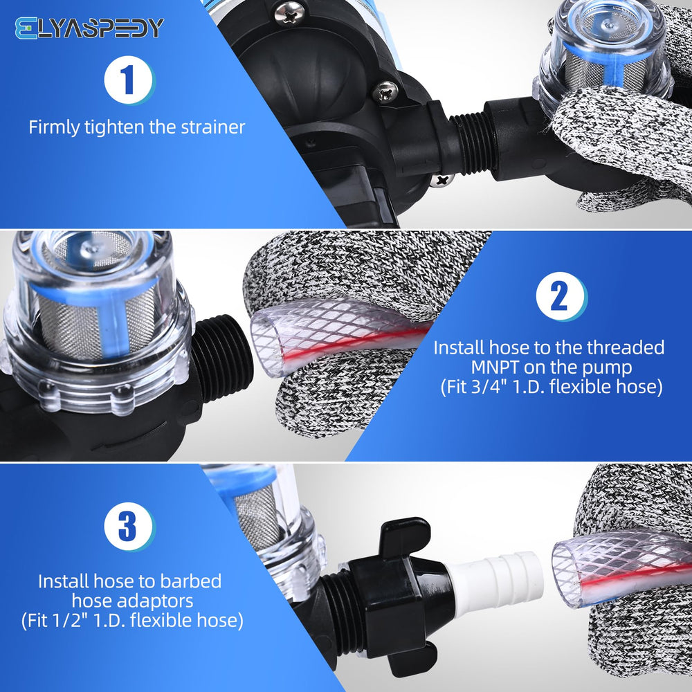 Elyaspedy RV pump delivers 3.5 GPM flow for quick rinses.