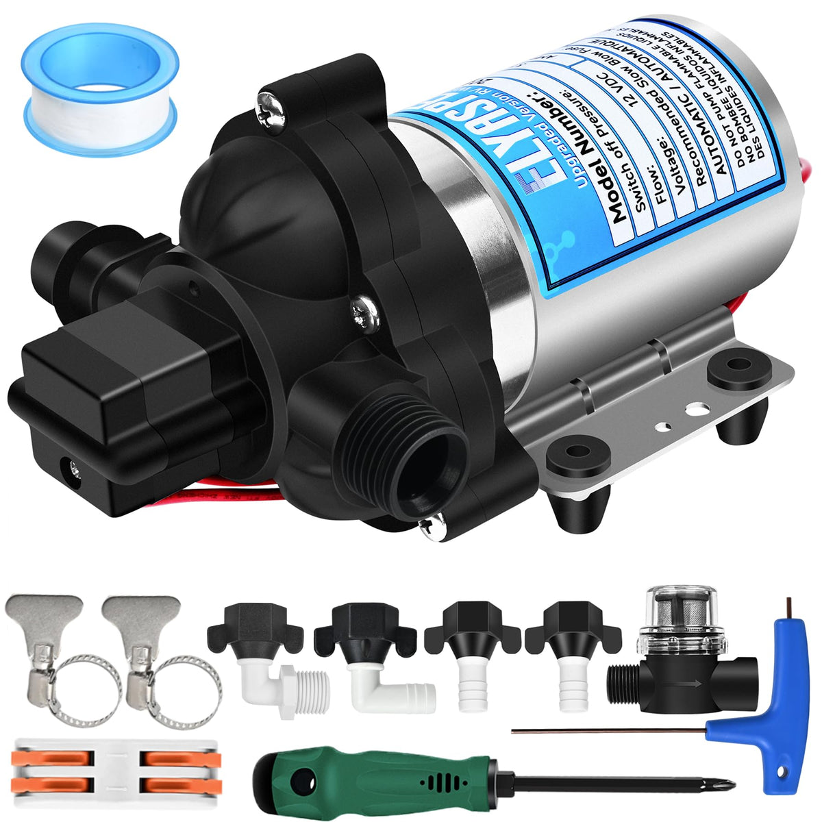 Elyaspedy RV pump front view highlights compact footprint for tight spaces.