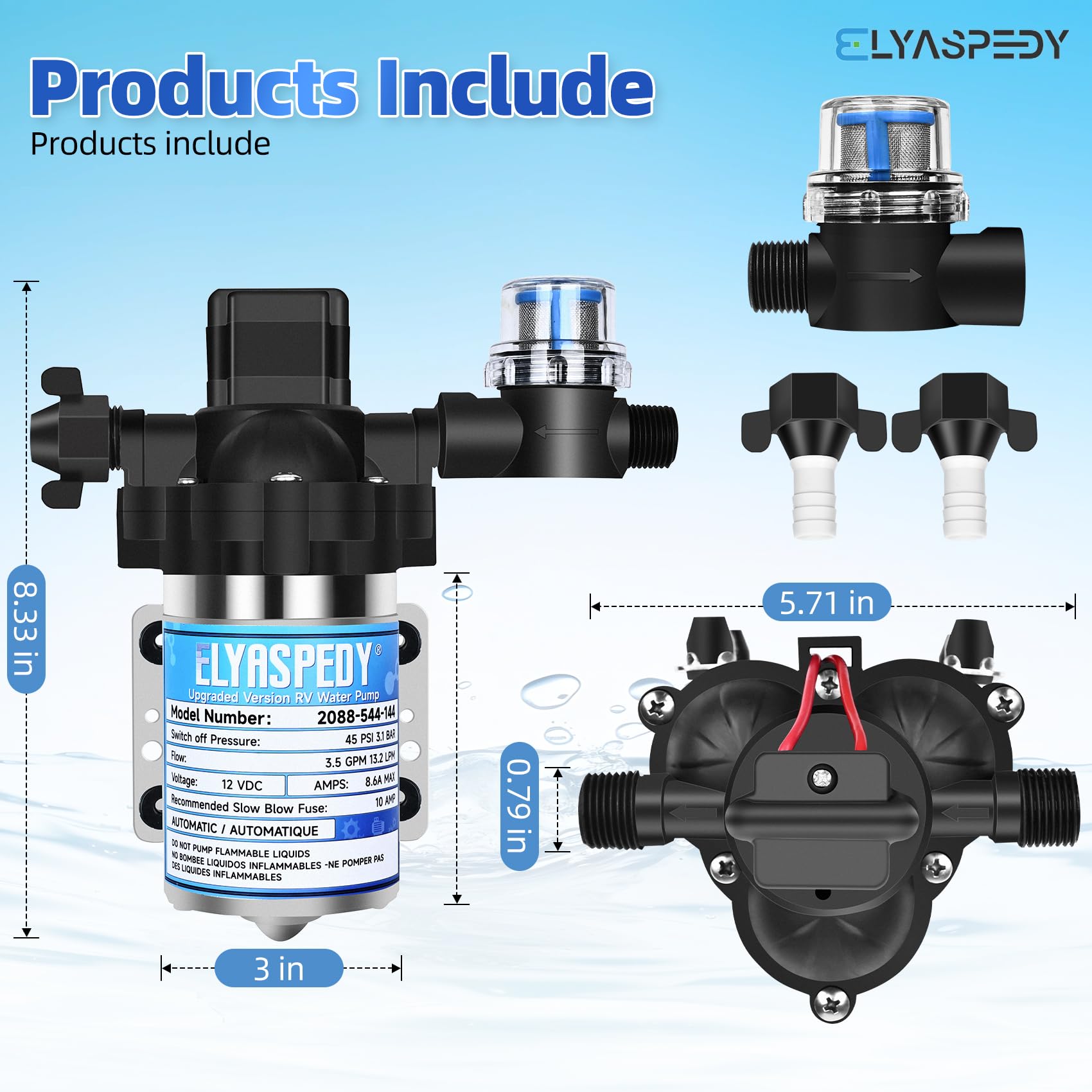 Elyaspedy RV pump with pressure switch ensures reliable water flow.