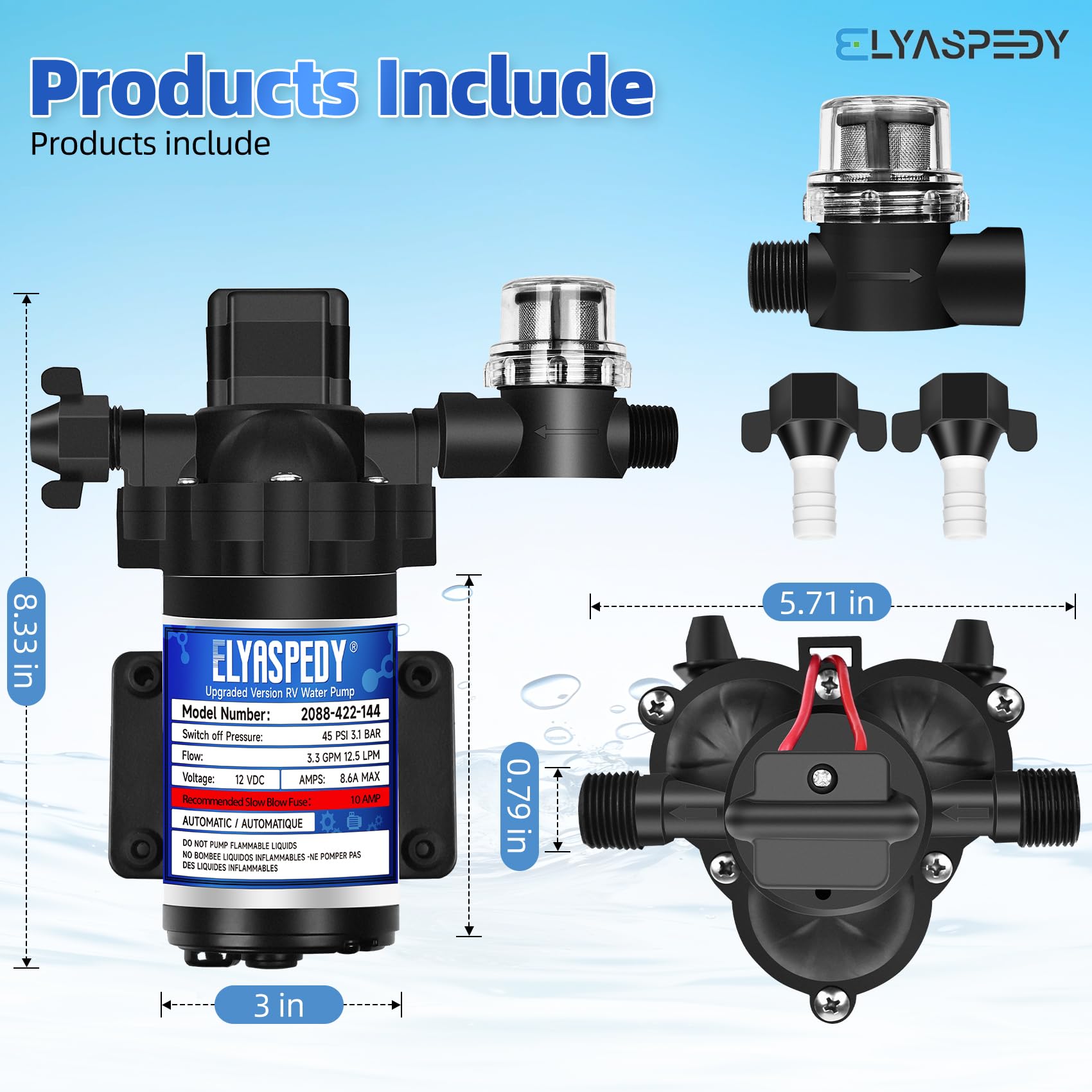 Elyaspedy rv-pump-pressure-switch enables automatic operation for efficient water flow.
