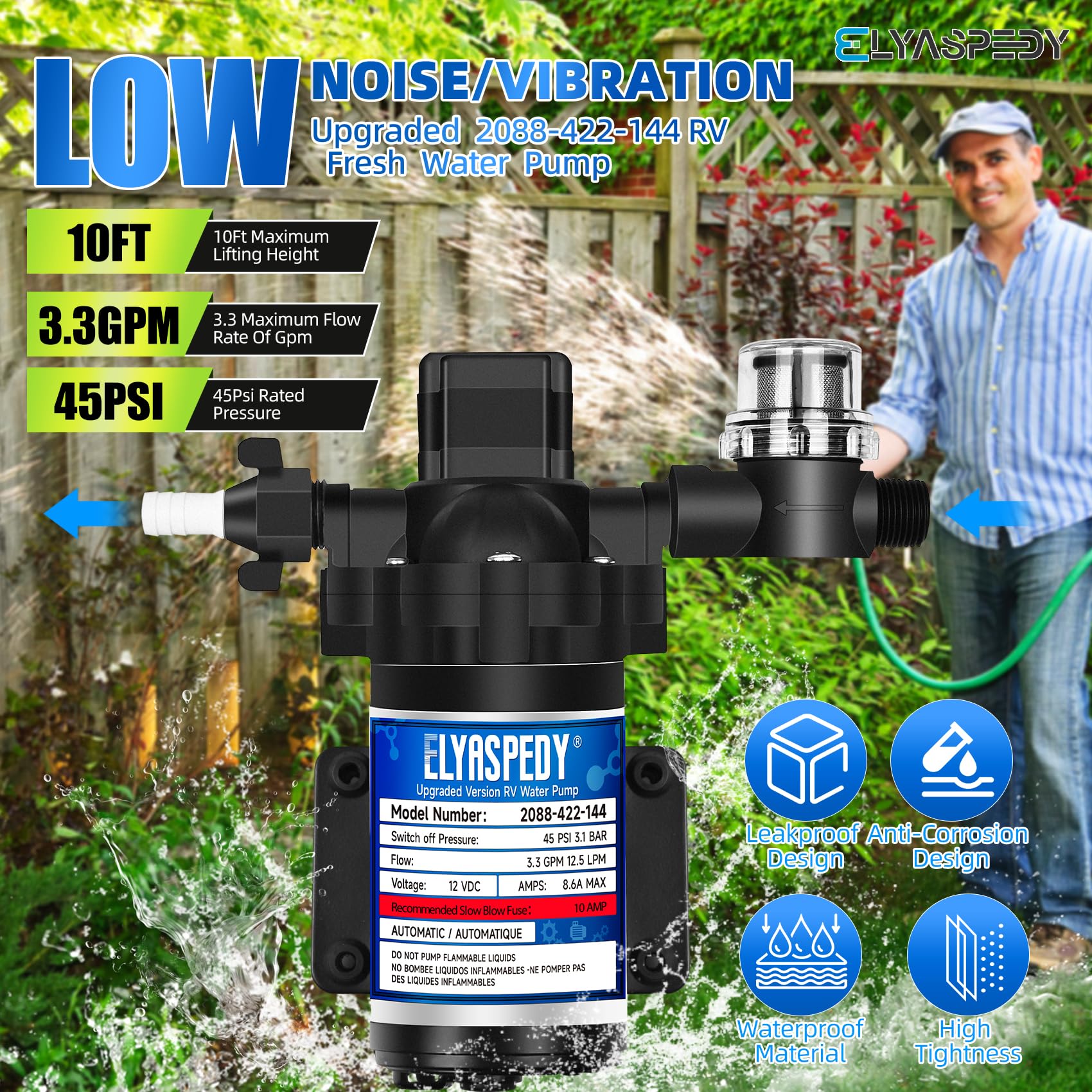 Elyaspedy self-priming diaphragm RV pump supports quiet operation on camping trips.