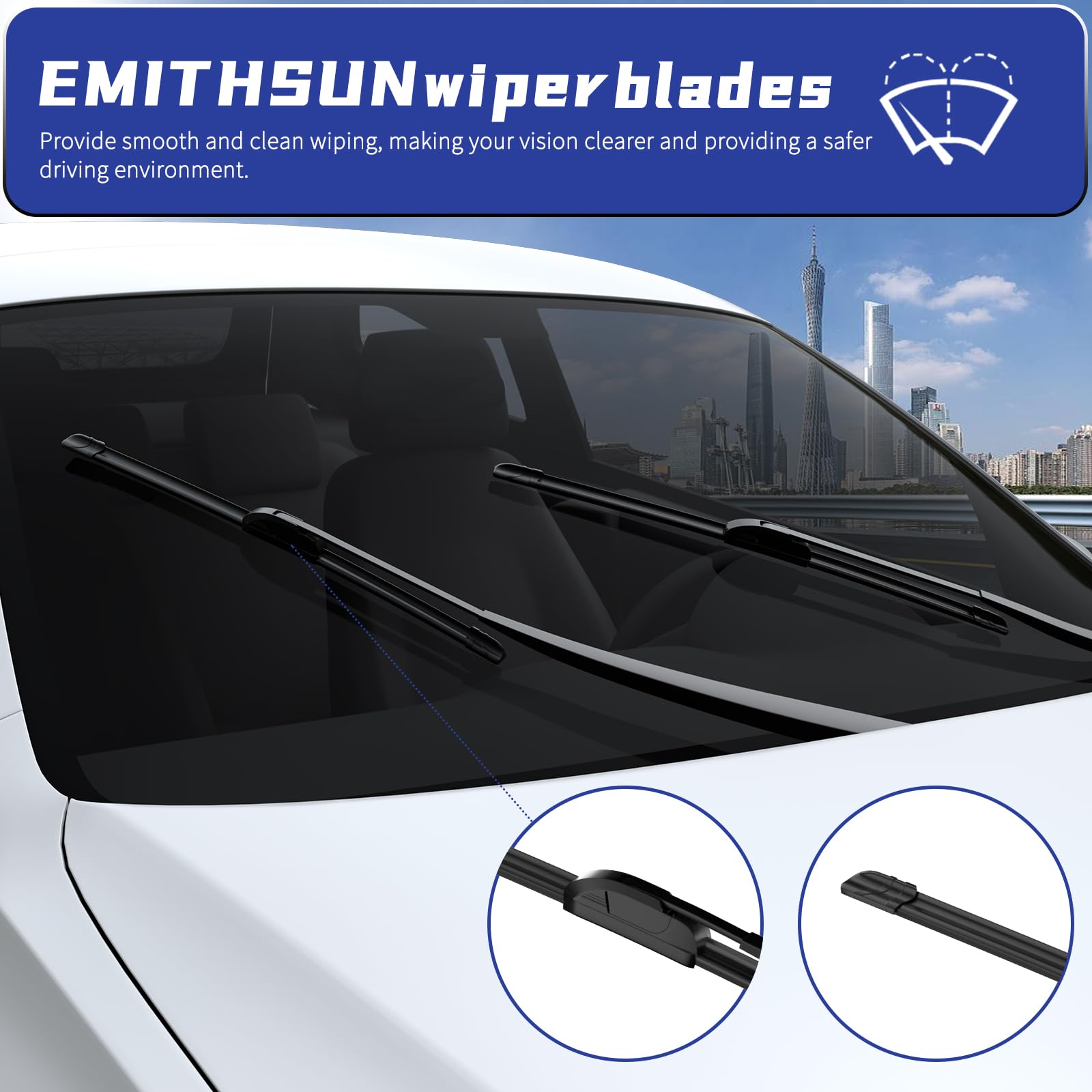 EMITHSUN wiper blades during rain demonstrate broad, even contact