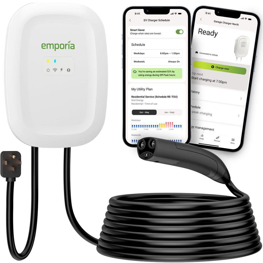 EMPORIA Level 2 EV Charger front faceplate with NACS port for Tesla compatibility