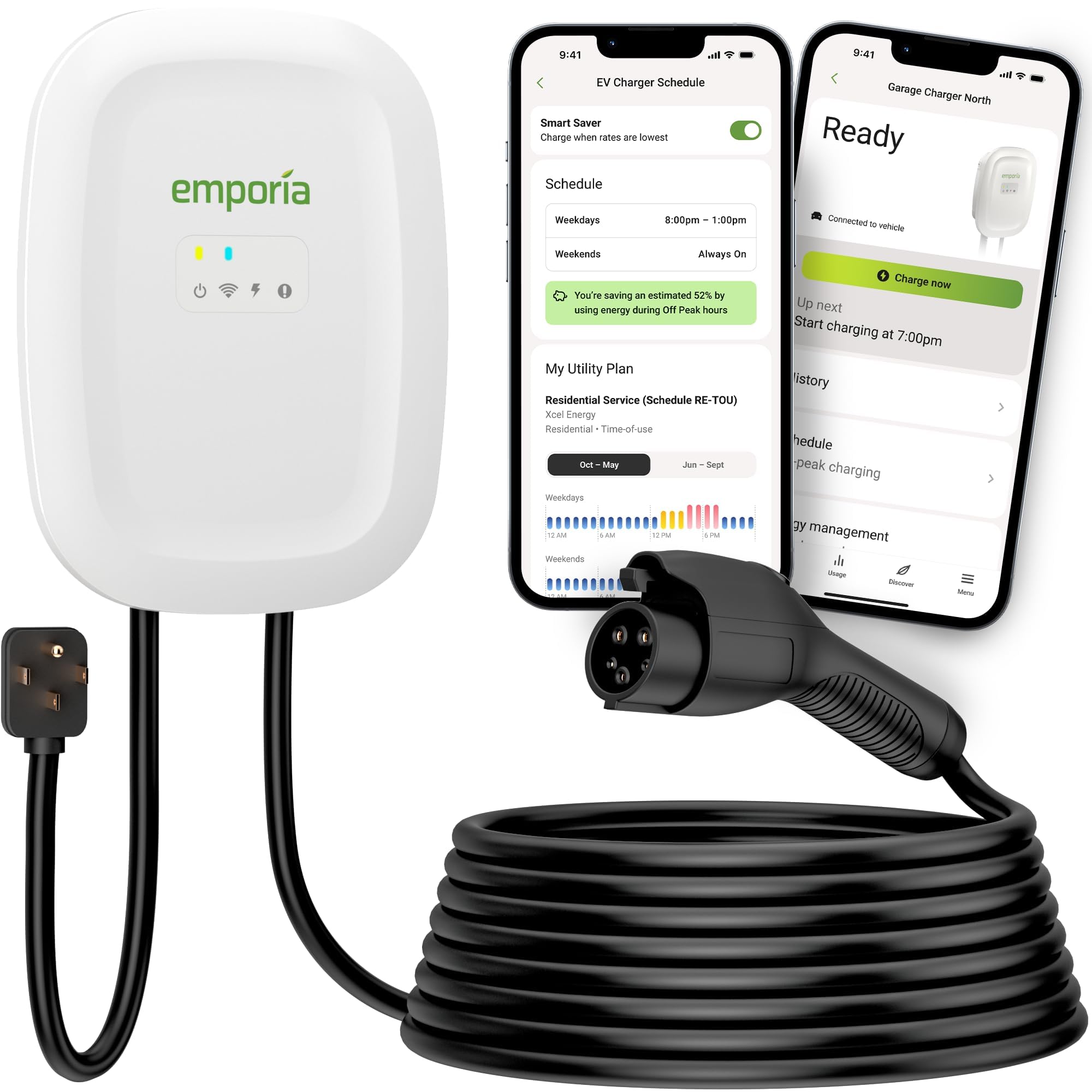 EMPORIA Level 2 EV Charger front view with a 25 ft cable for flexible placement.