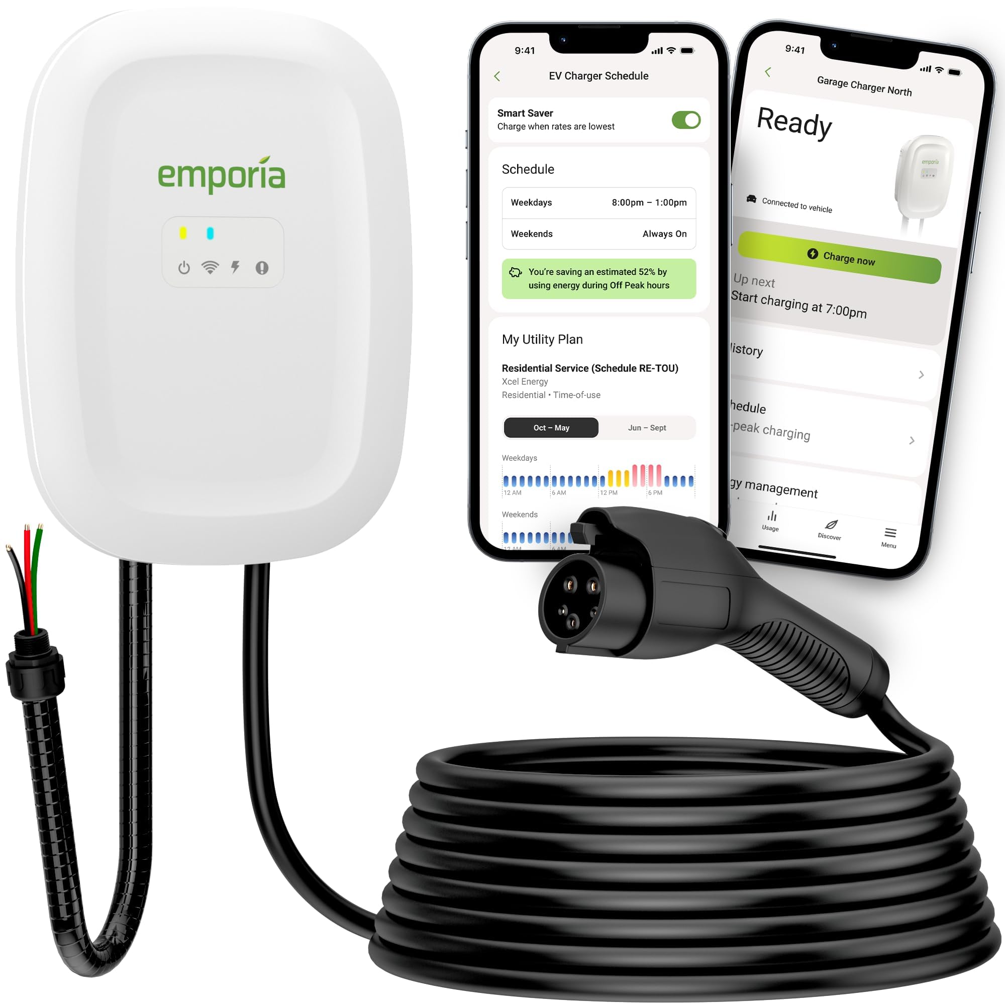 Emporia Level 2 EV charger front view in white for fast home charging.