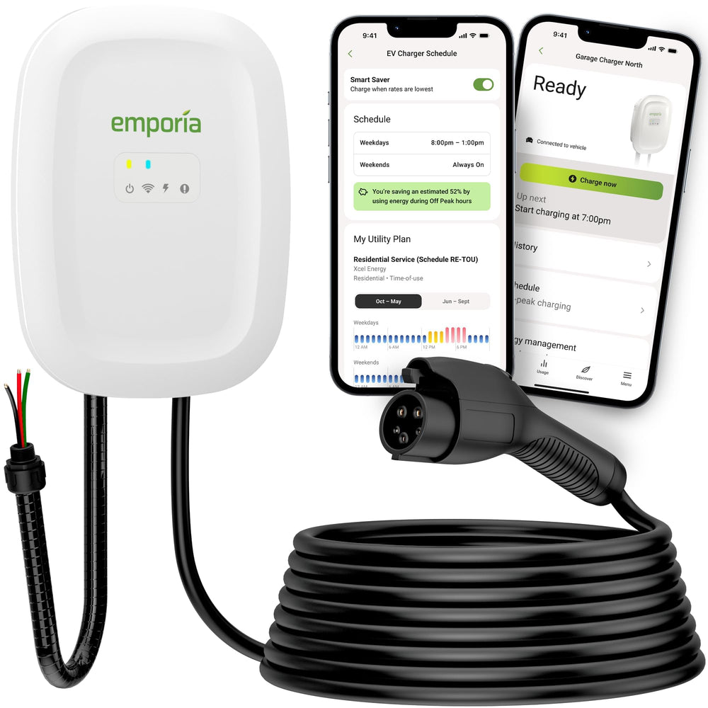 Emporia Level 2 EV charger front view in white for fast home charging.