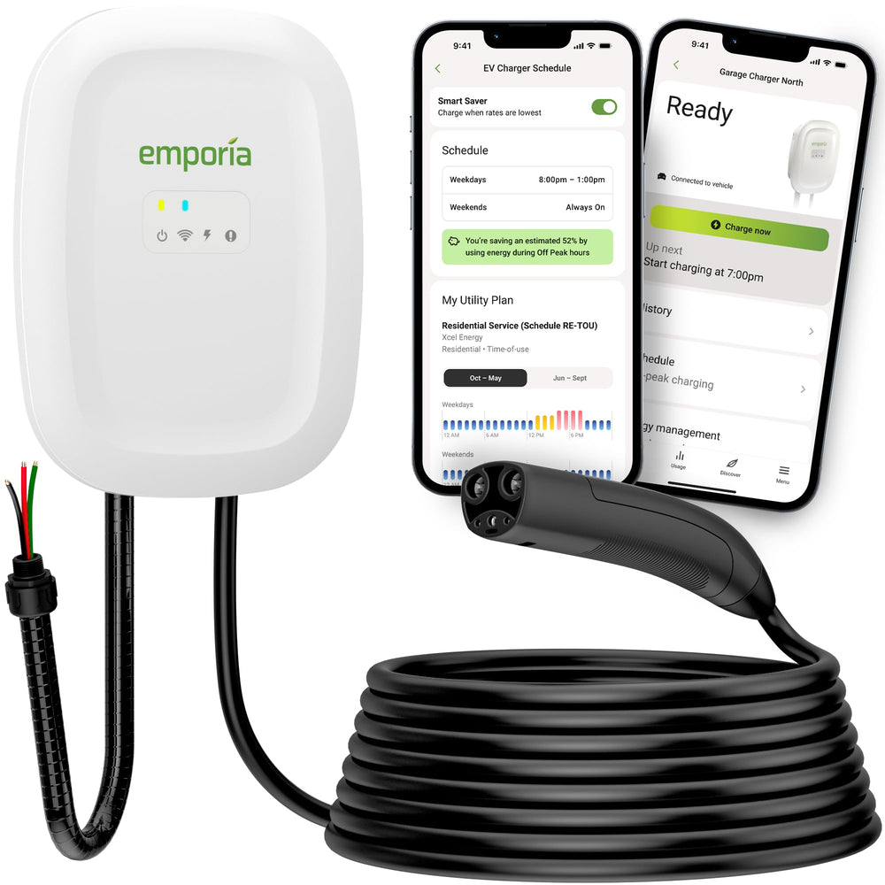 Emporia Level 2 EV Charger front view shows NACS compatibility for Tesla.