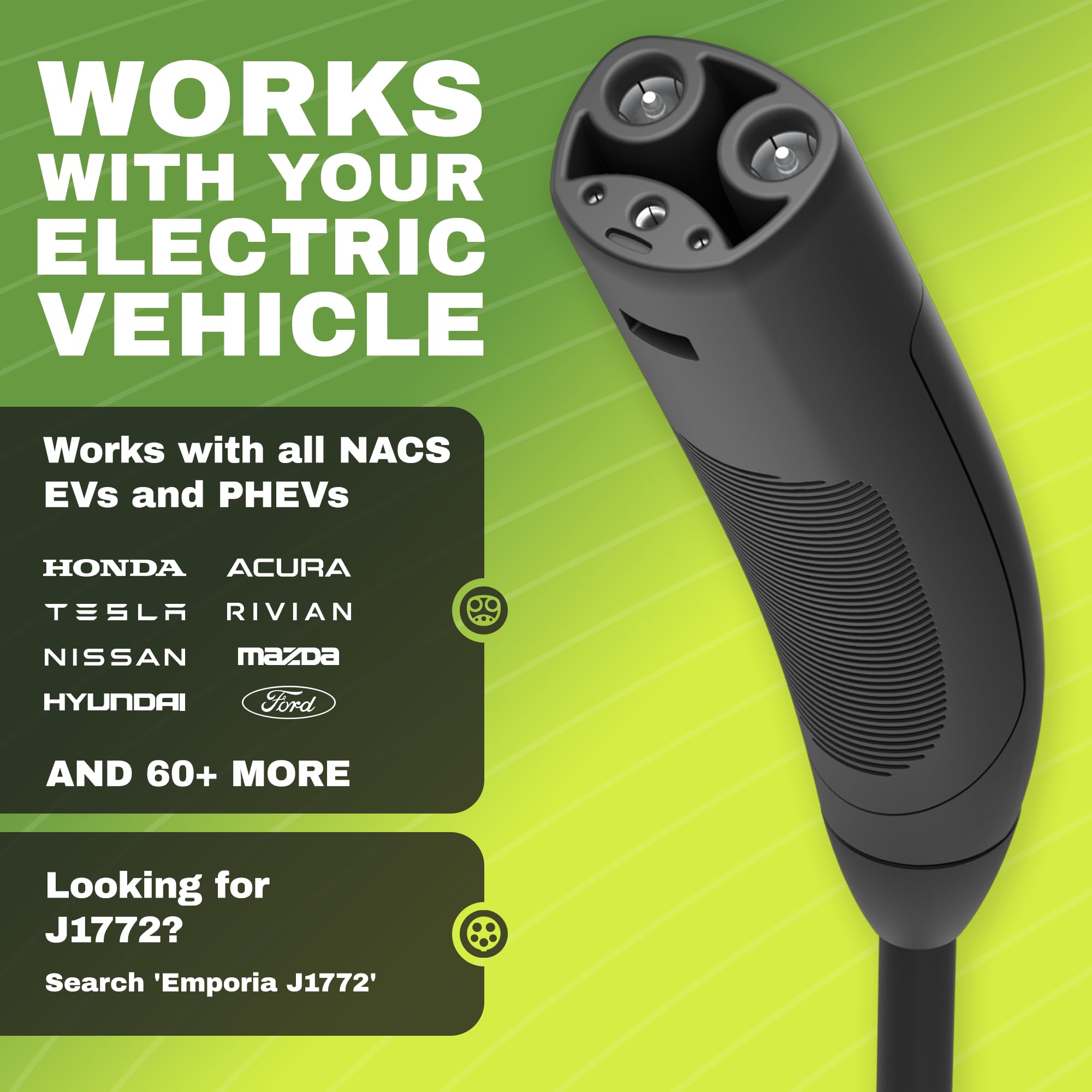 Emporia Level 2 EV Charger WiFi indicator emphasizes smart charging.
