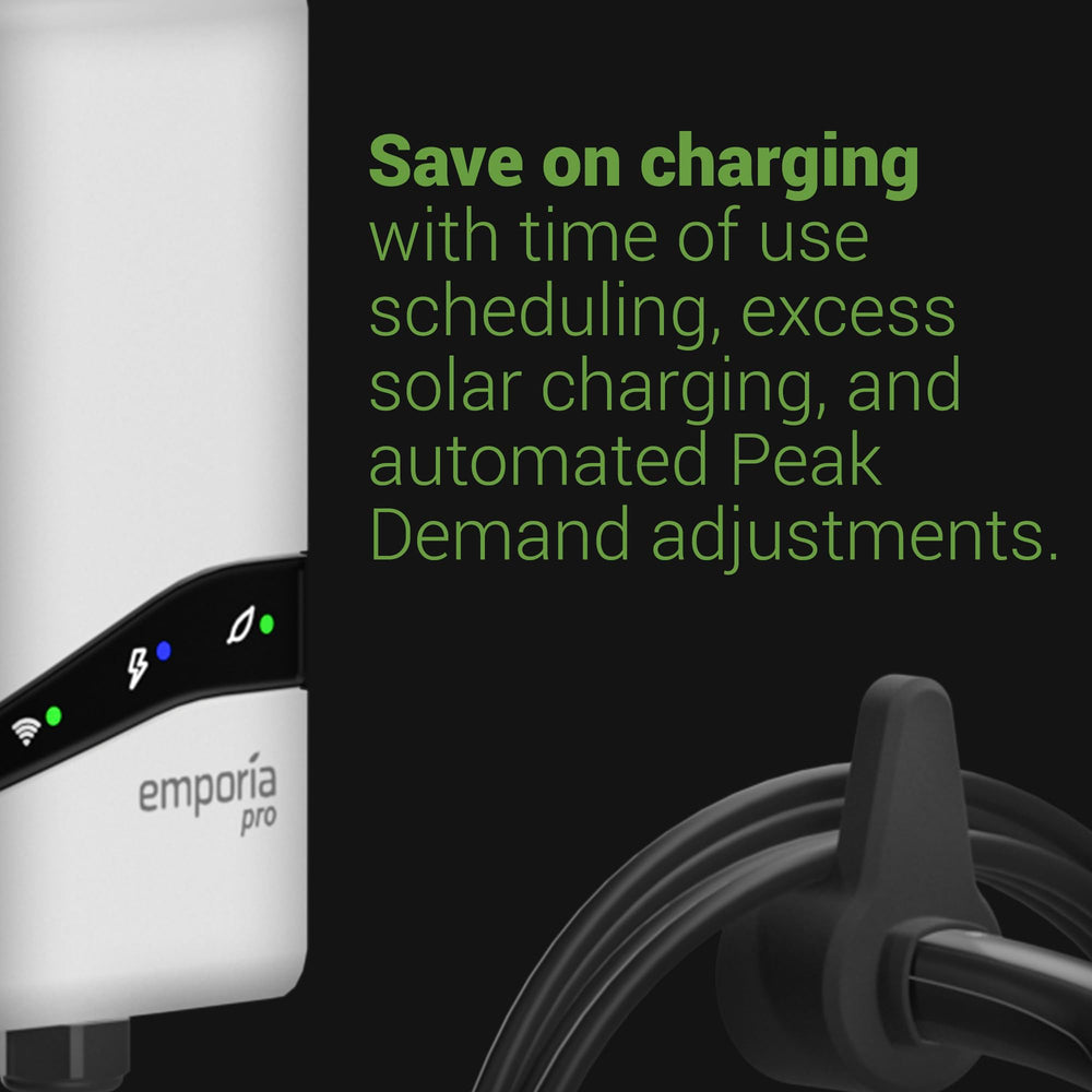 EMPORIA Pro Level 2 EV Charger app display illustrates real-time energy insight and scheduling.