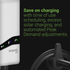 EMPORIA Pro Level 2 EV Charger app display illustrates real-time energy insight and scheduling.
