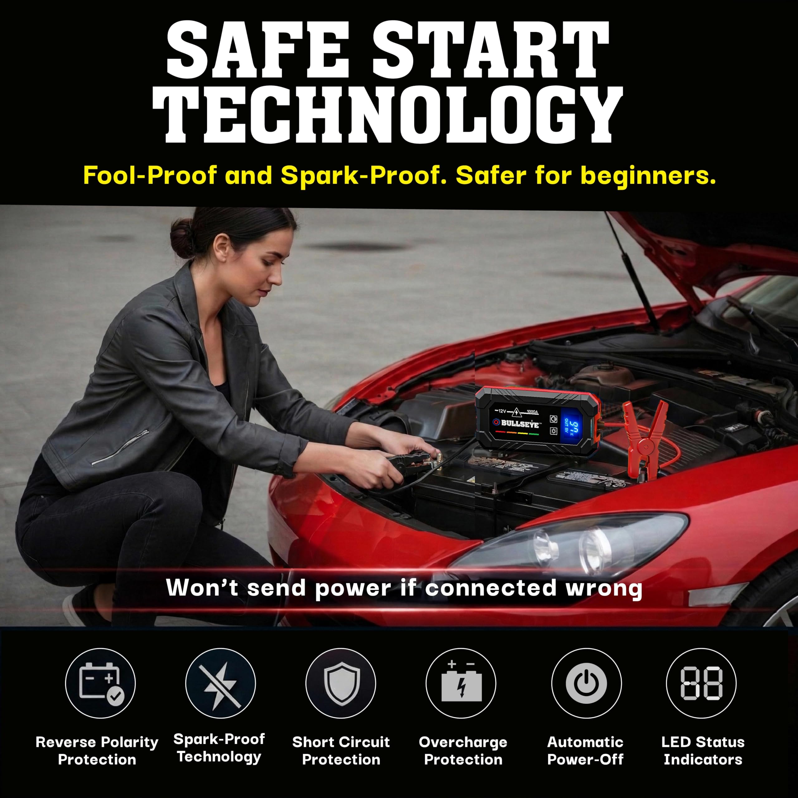 EMSON Bullseye XL LED light illuminating a nighttime battery connection.