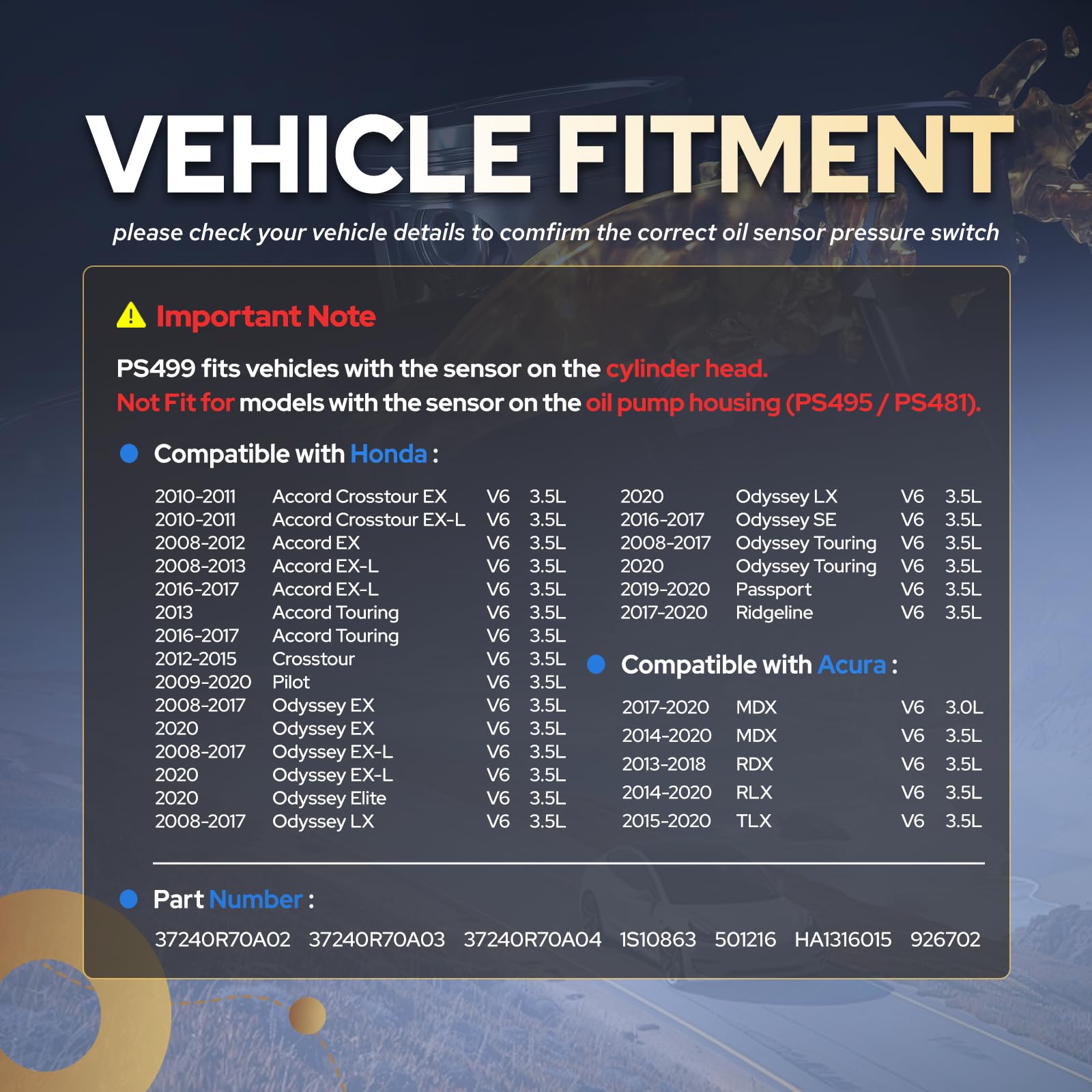 PS499 replacement part label showing ENA compatibility with Honda/Acura models