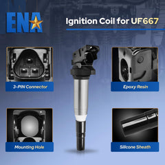 ENA coil-pack closeup reveals stamped part numbers and build quality.