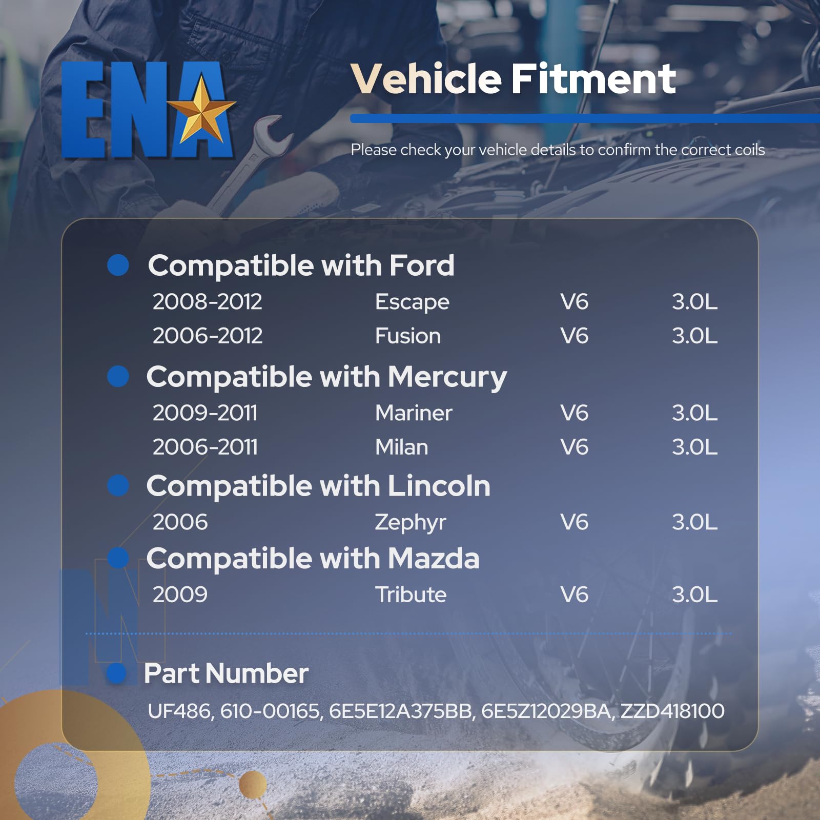 ENA compatibility sticker indicates fit across Ford, Mercury, Lincoln models