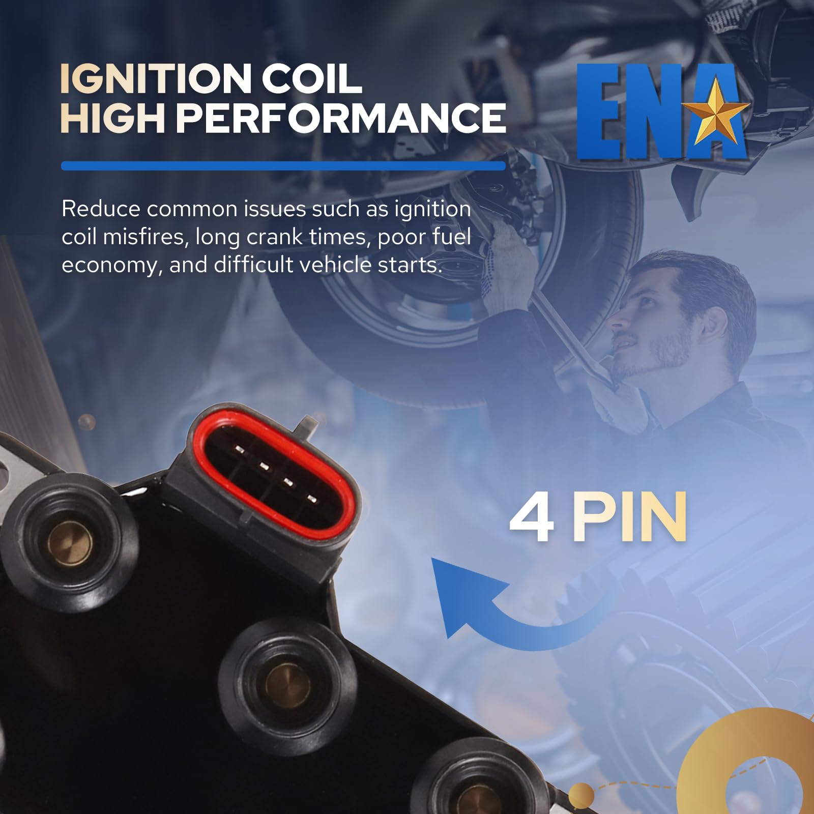 ENA ignition coil pack in packaging highlights value and warranty details.