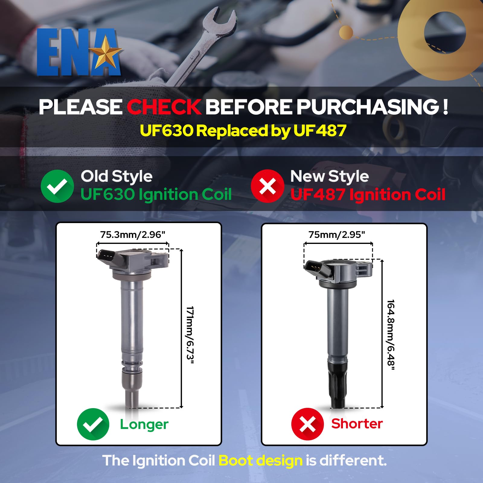ENA ignition coils close-up shows four terminals for reliable spark output.