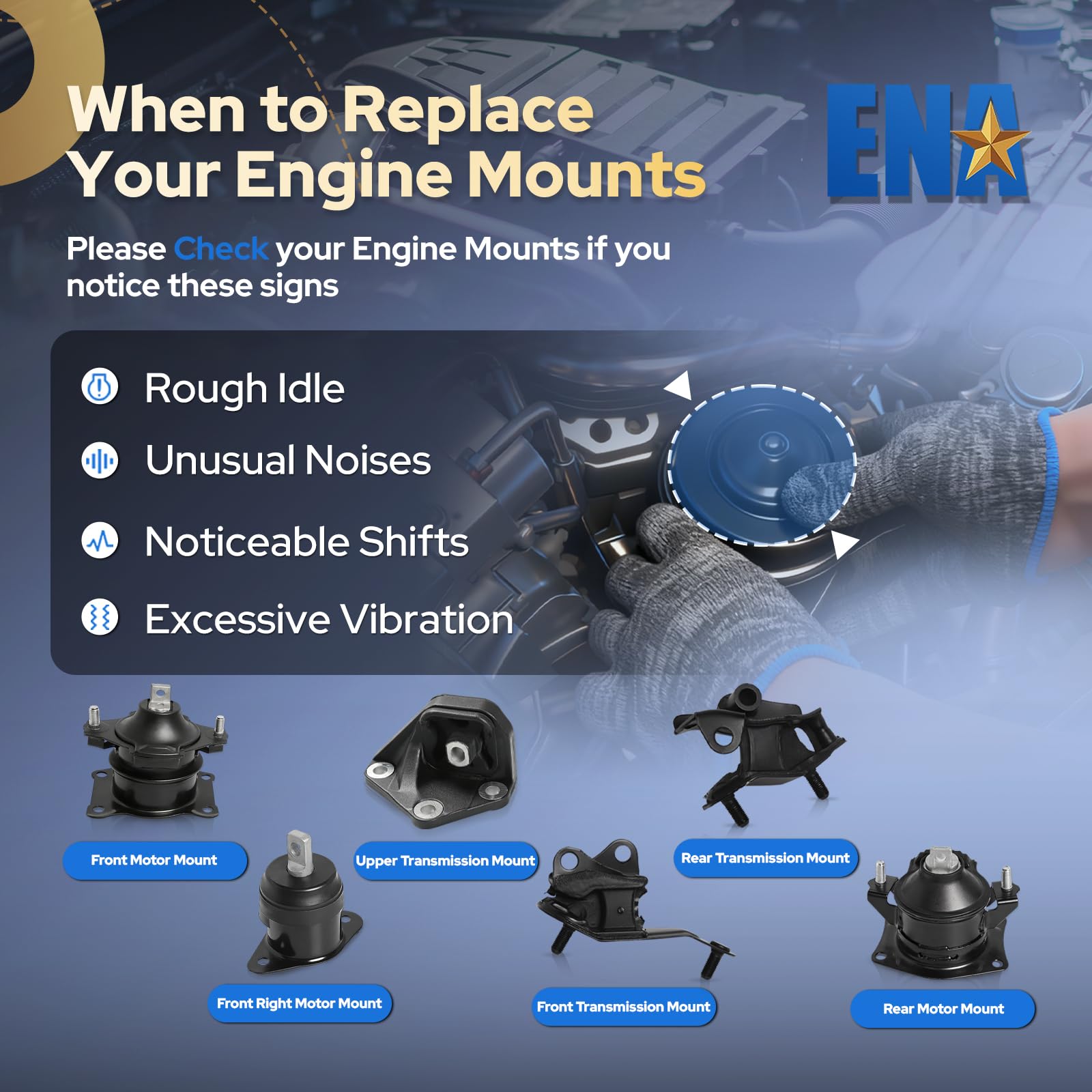 ENA engine mount kit box shows included components and warranty