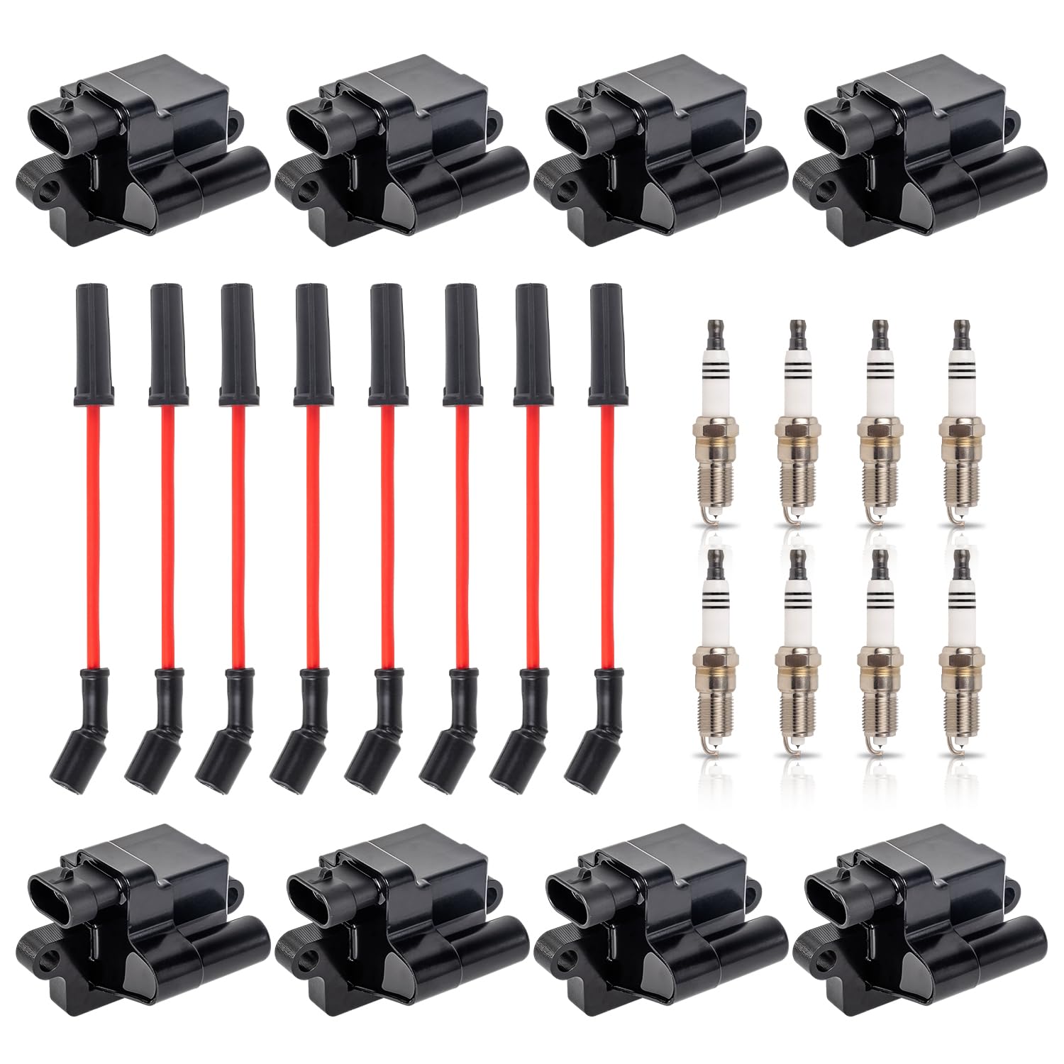 ENA set of eight square ignition coils with red wiring for reliable ignition.