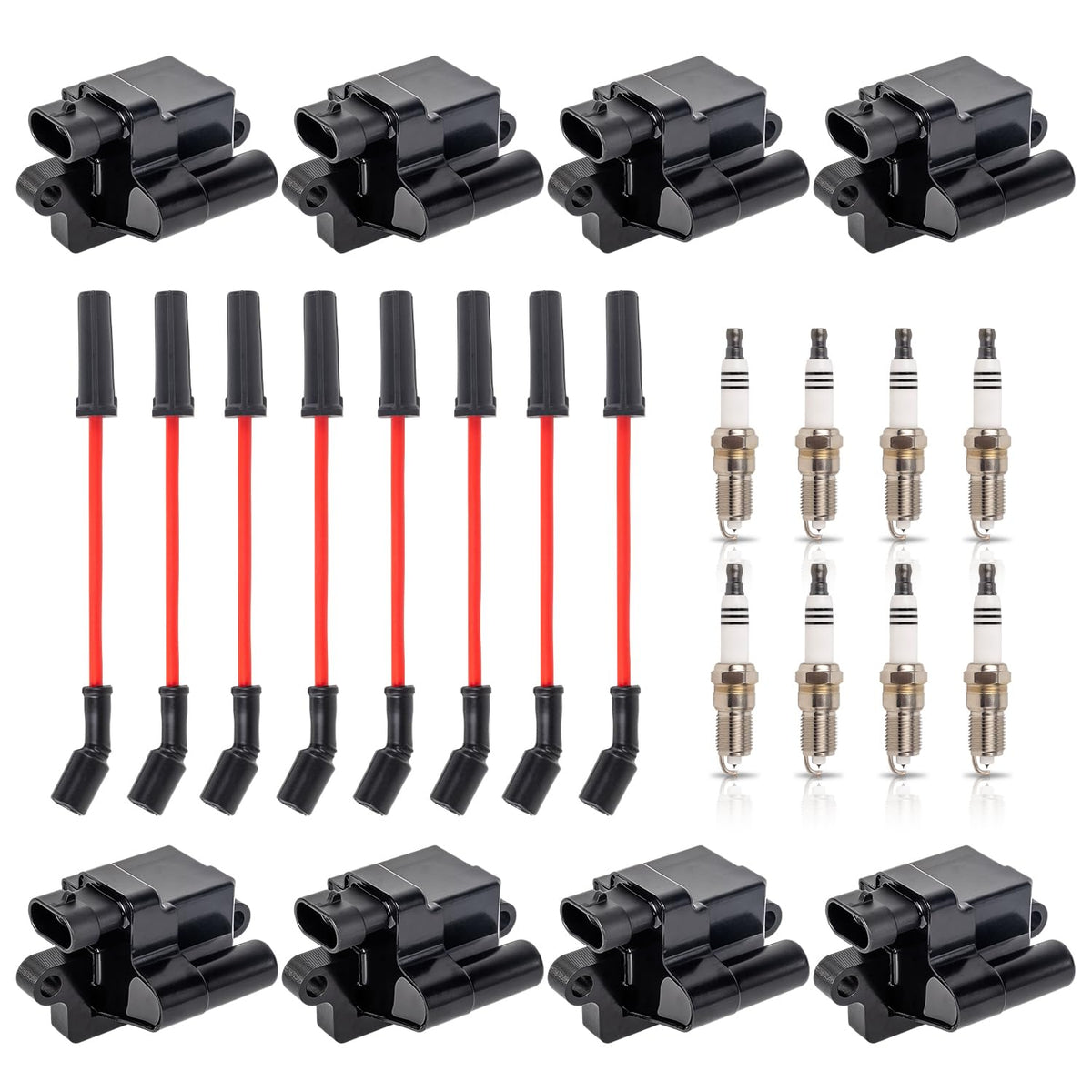 ENA set of eight square ignition coils with red wiring for reliable ignition.