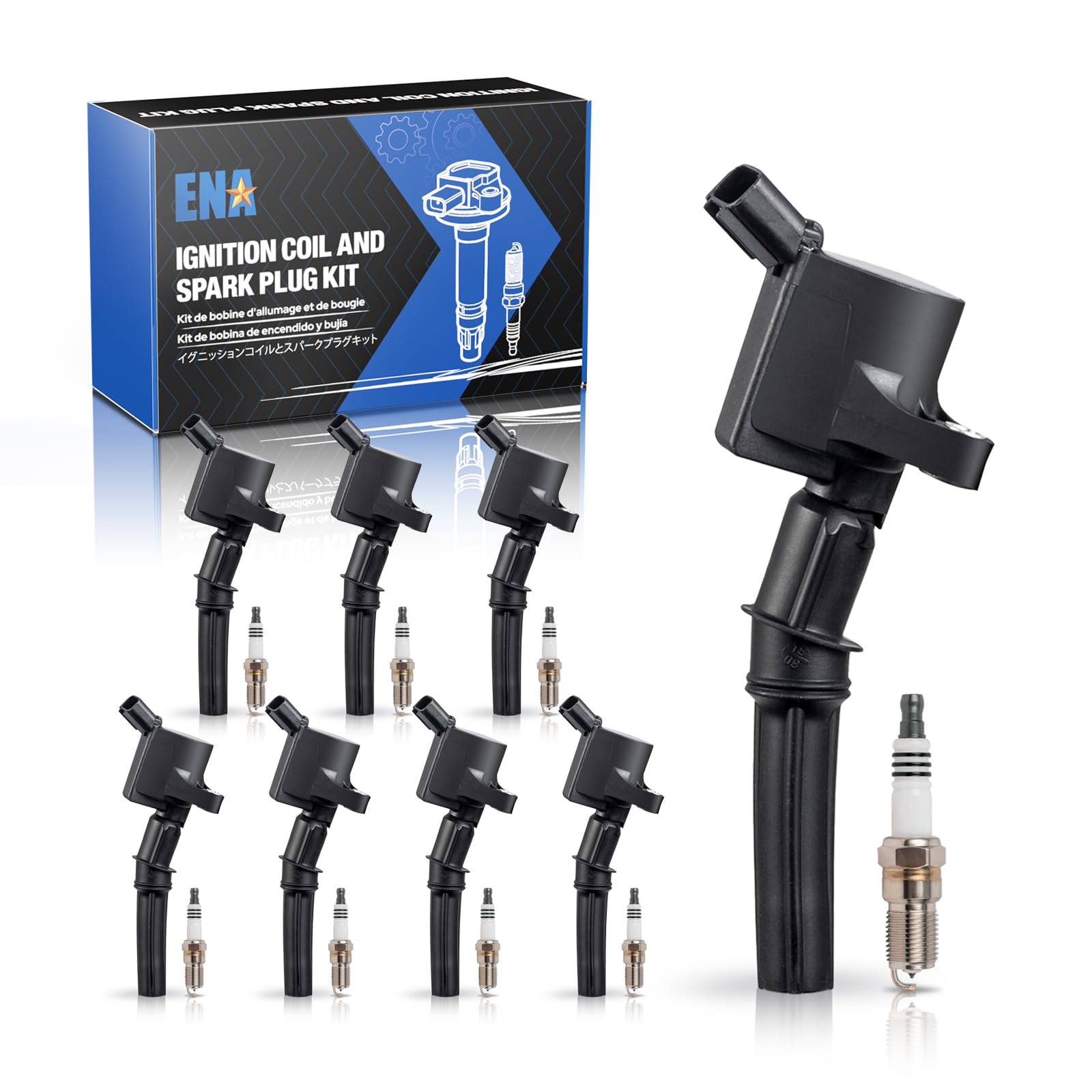 ENA eight platinum spark plugs and coils for Ford 4.6L V8 engines, ignition reliability.