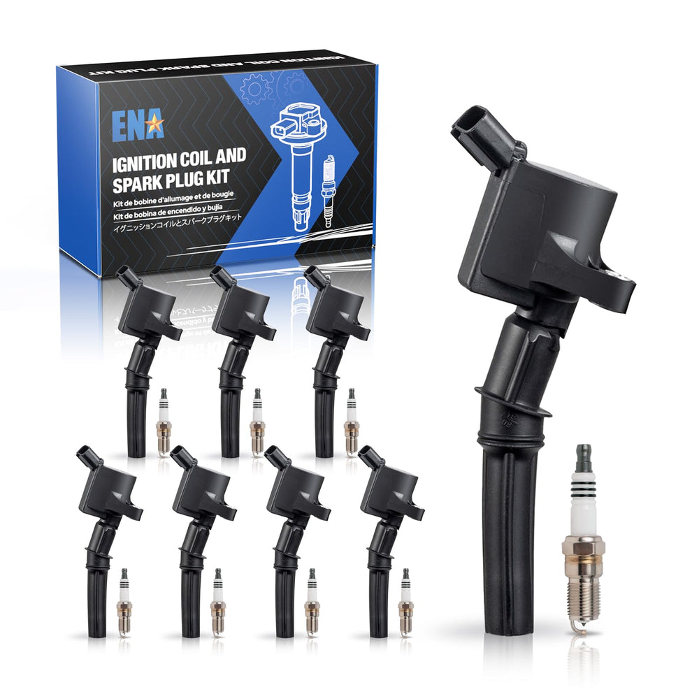 ENA eight platinum spark plugs and coils for Ford 4.6L V8 engines, ignition reliability.