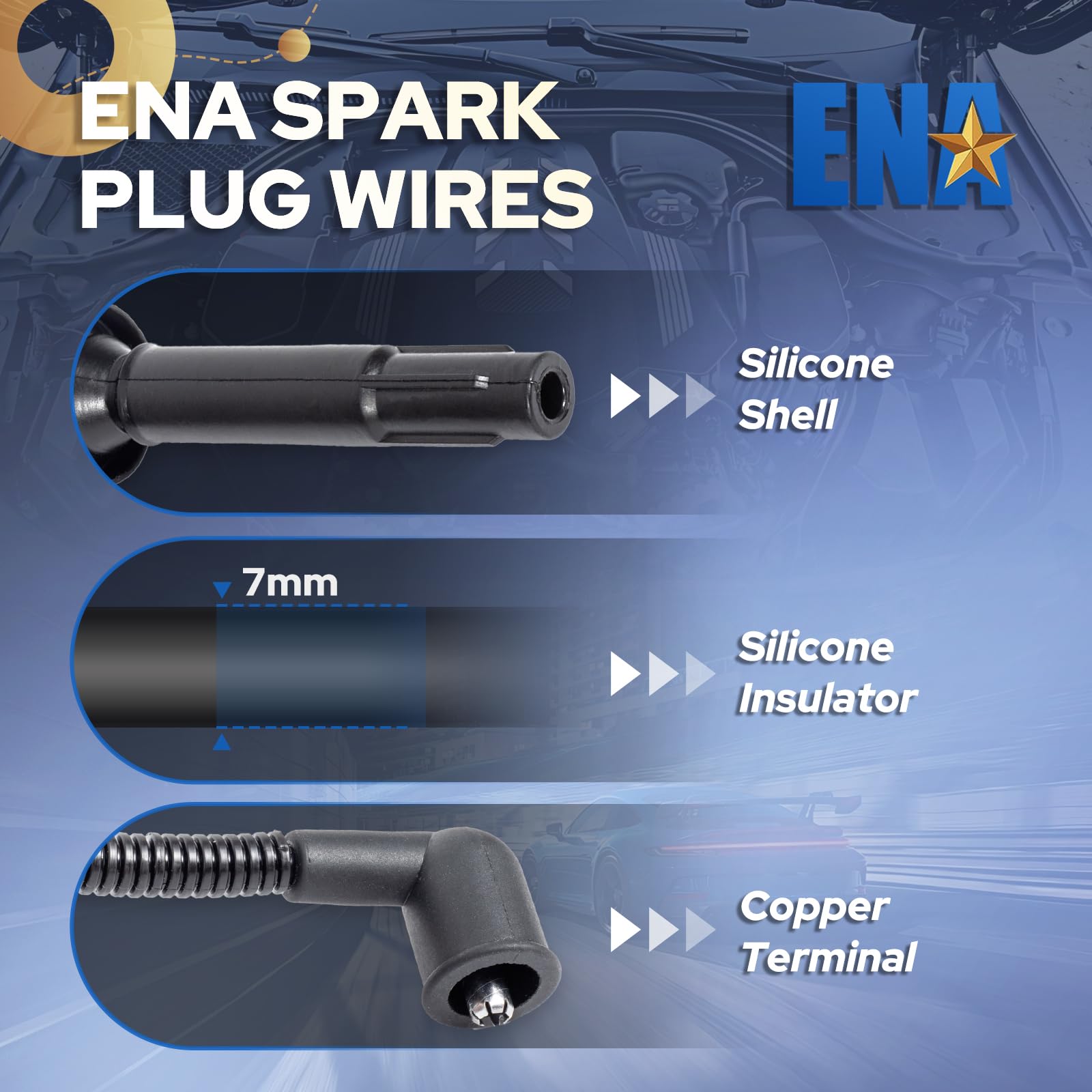 ENA spark plug wires engine close-up with premium silicone insulation for durability
