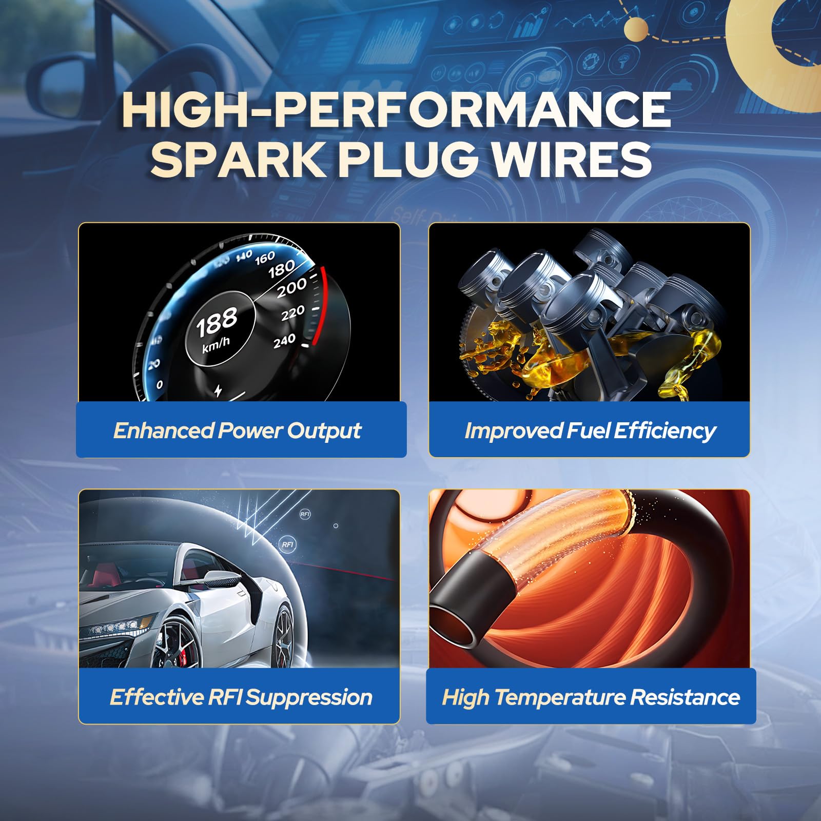 ENA spark plug wires weather-sealed visible for all-weather reliability