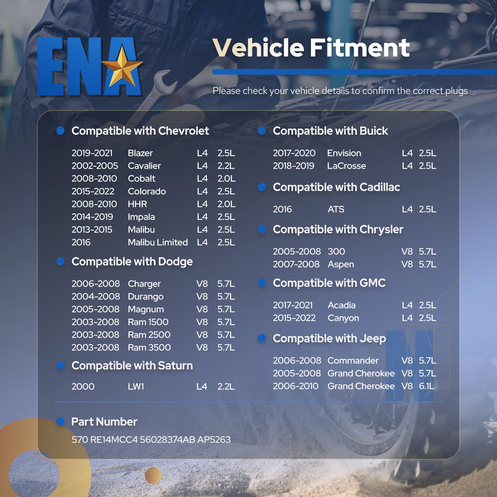 ENA Spark Plugs 16-pack product label, clear specs for compatible engines.