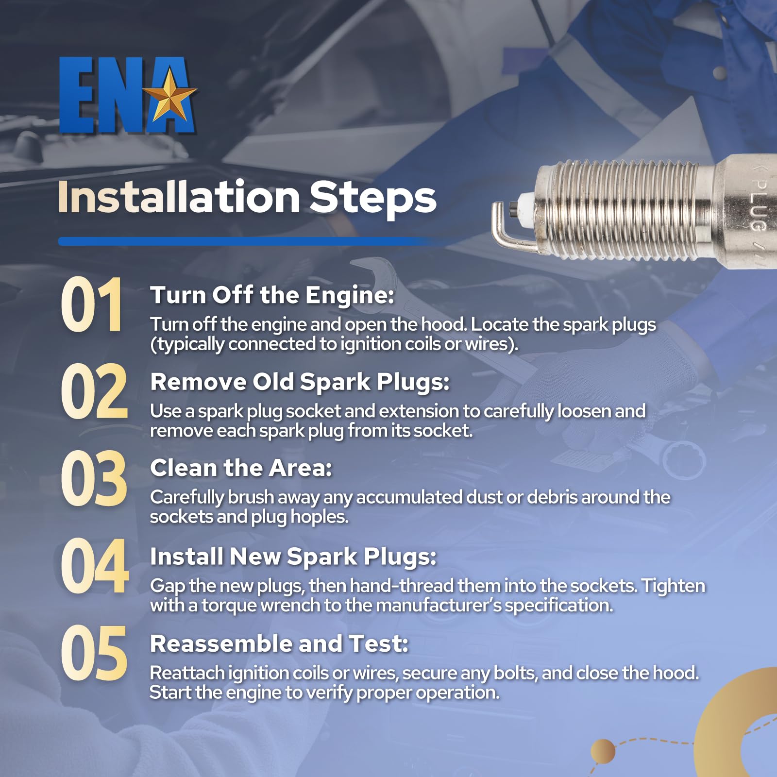 ENA Spark Plugs 16-pack side view, durable construction for long-lasting performance.