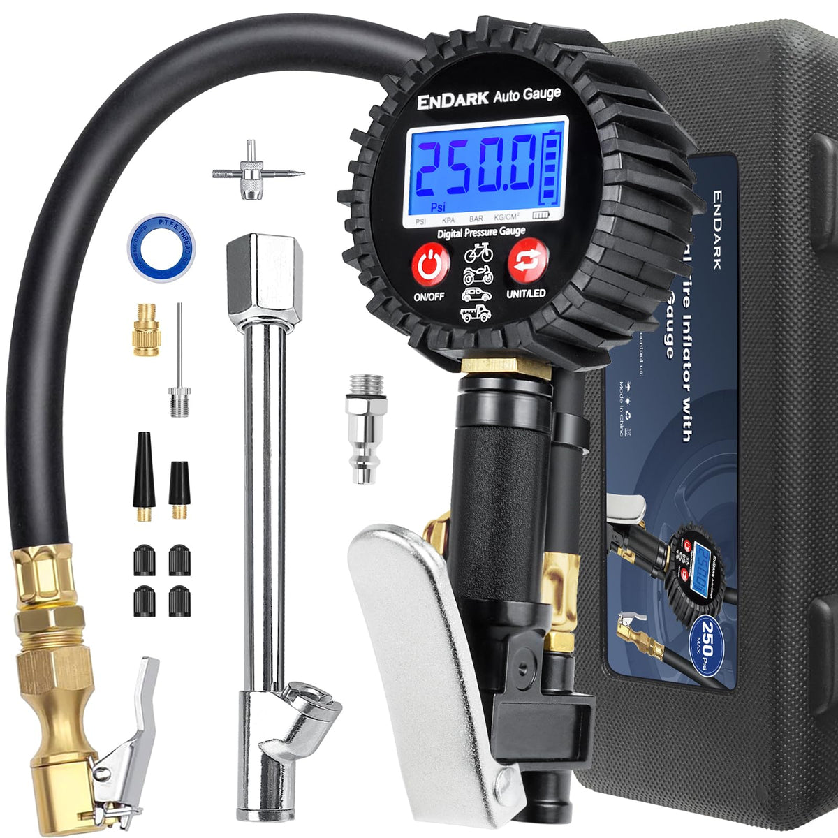 ENDARK digital tire pressure gauge with inflator display enables quick tire checks on the road.