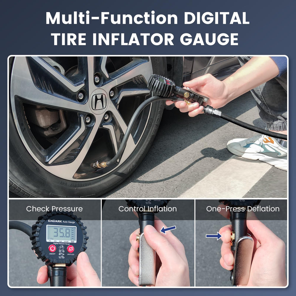 ENDARK extended hose offers flexible reach for convenient tire access.