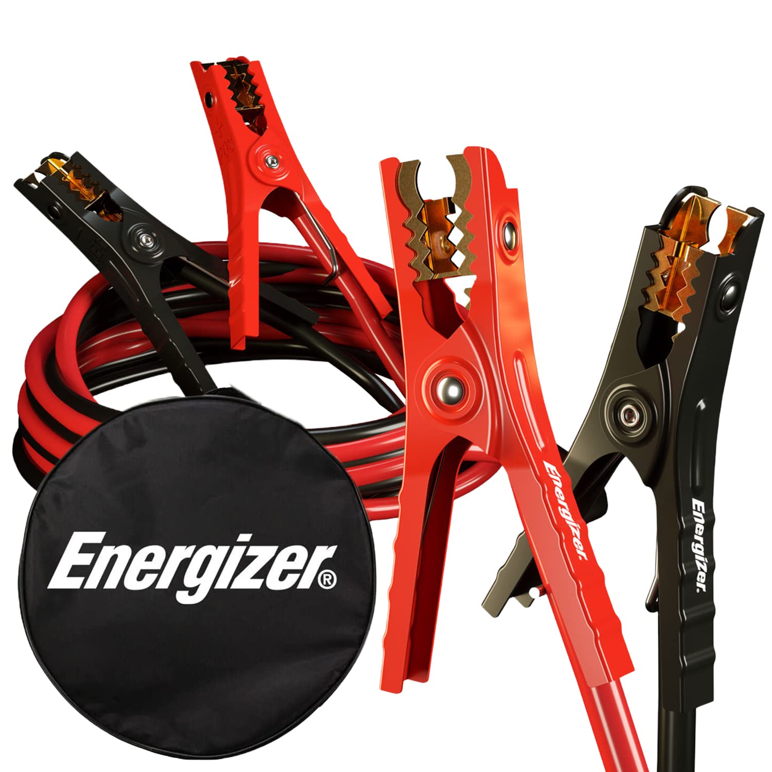 Energizer 25 ft 1-gauge jumper cables bridging two car batteries for a boost