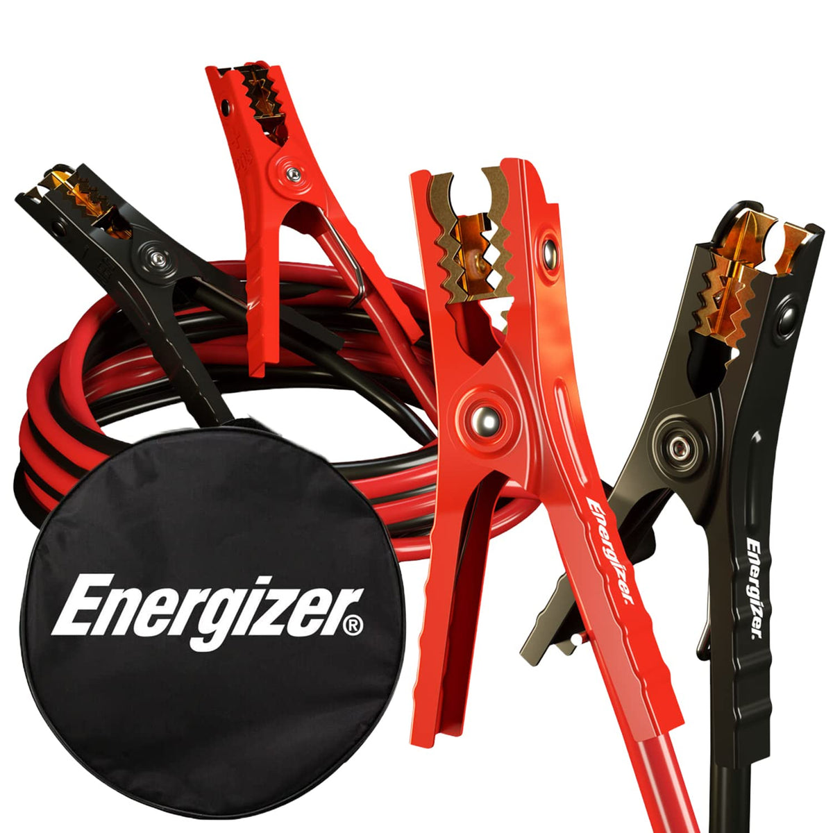 Energizer 25 ft 1-gauge jumper cables bridging two car batteries for a boost