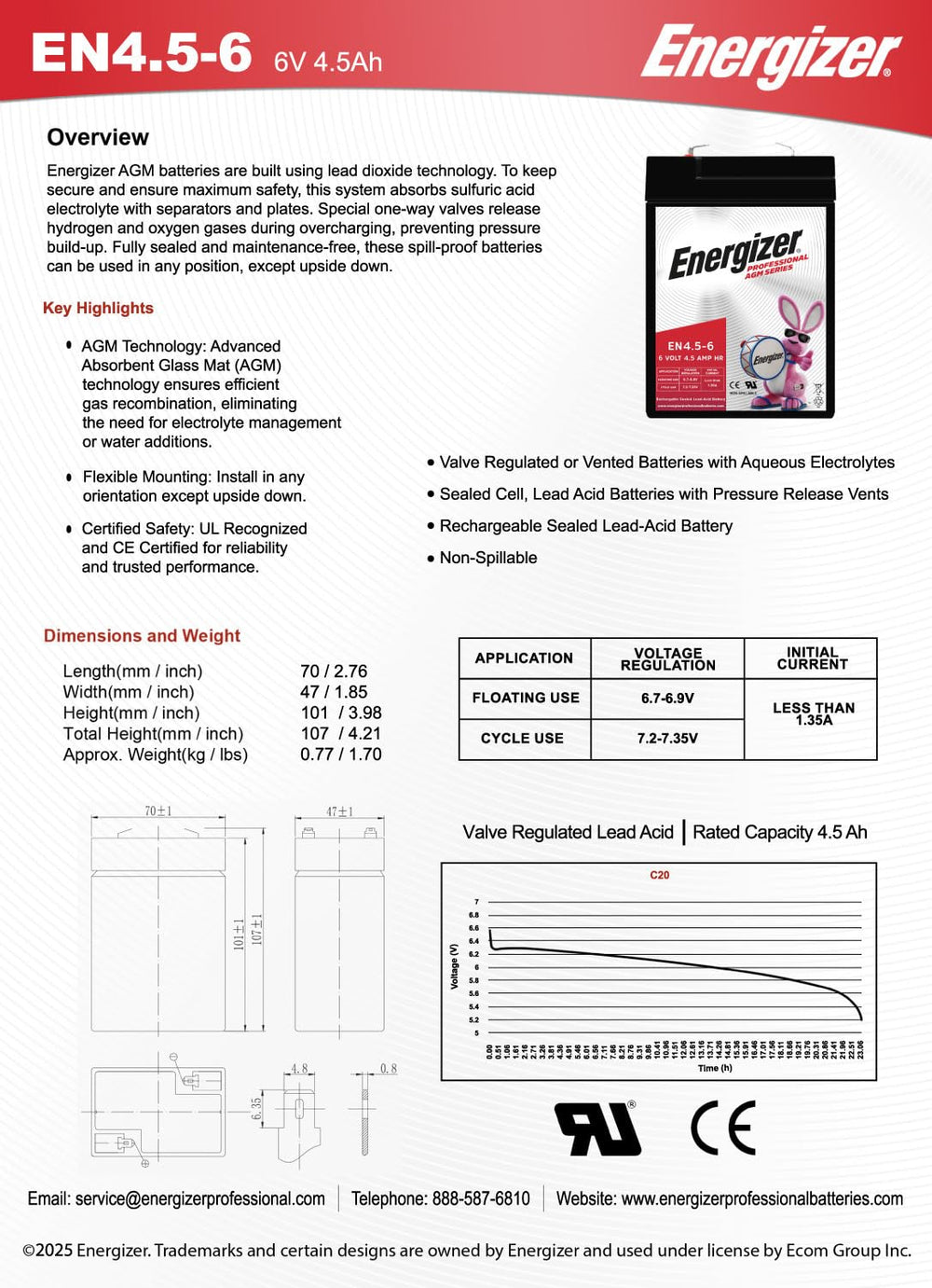 Energizer EN4.5-6 battery for emergency lighting setups