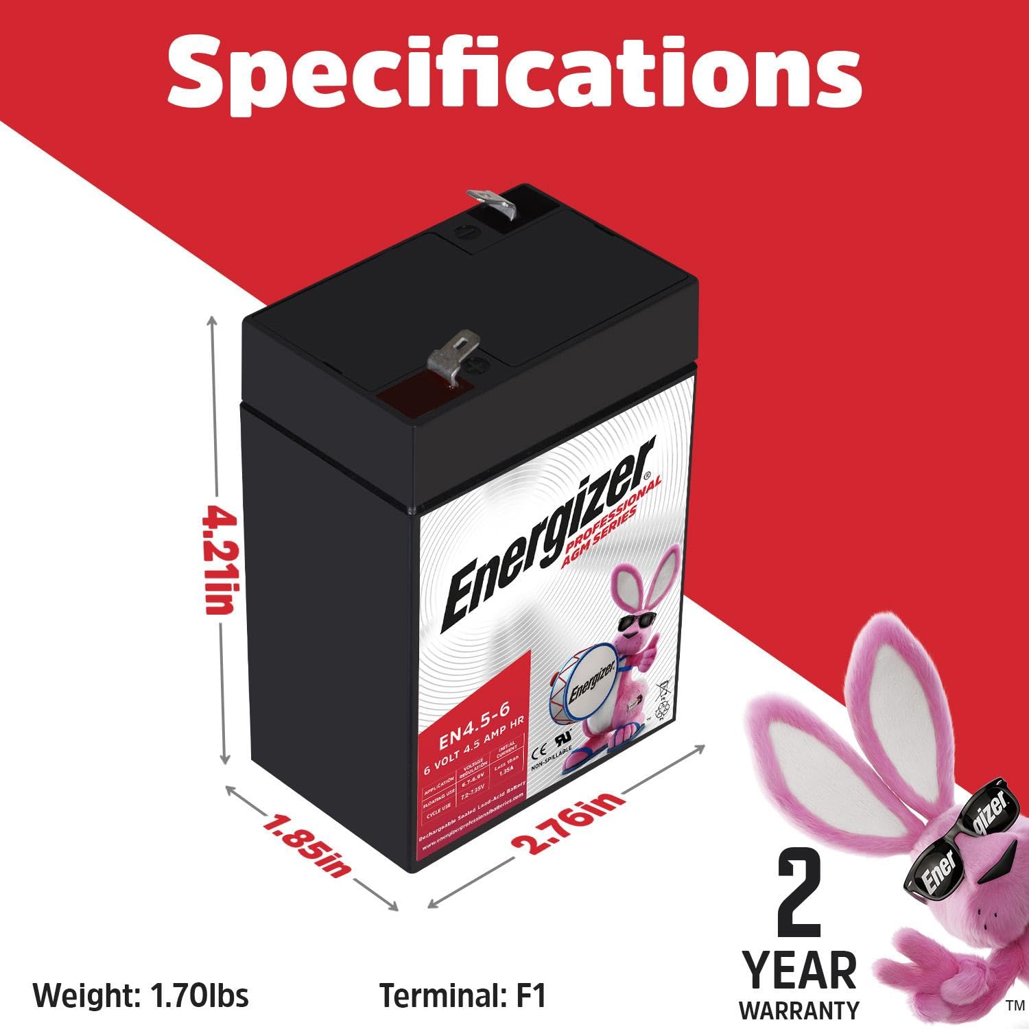 Energizer EN4.5-6 battery side view highlighting compact, spill-proof design