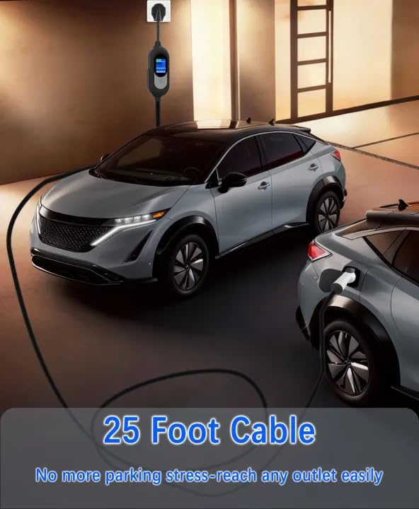 EnergyGenie Level 2 charger with 25-foot cable ready for flexible charging anywhere.