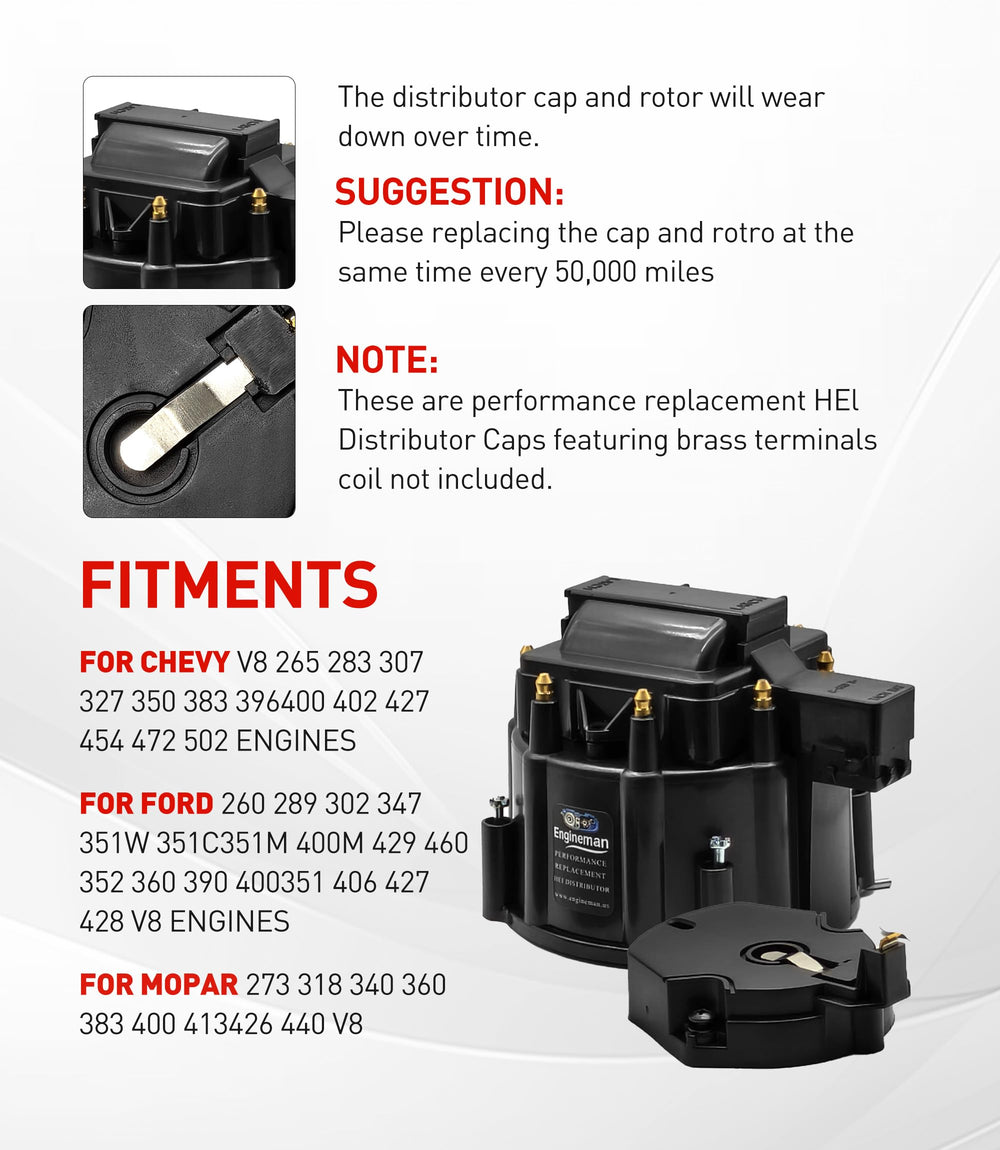 ENGINEMAN HEI cap with brass terminals for reduced voltage loss.