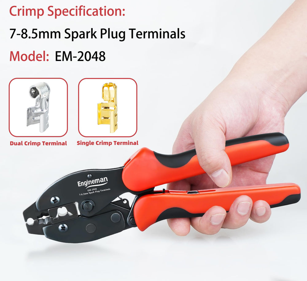 ENGINEMAN ratcheted crimp tool demonstrates consistent terminations with built in release.