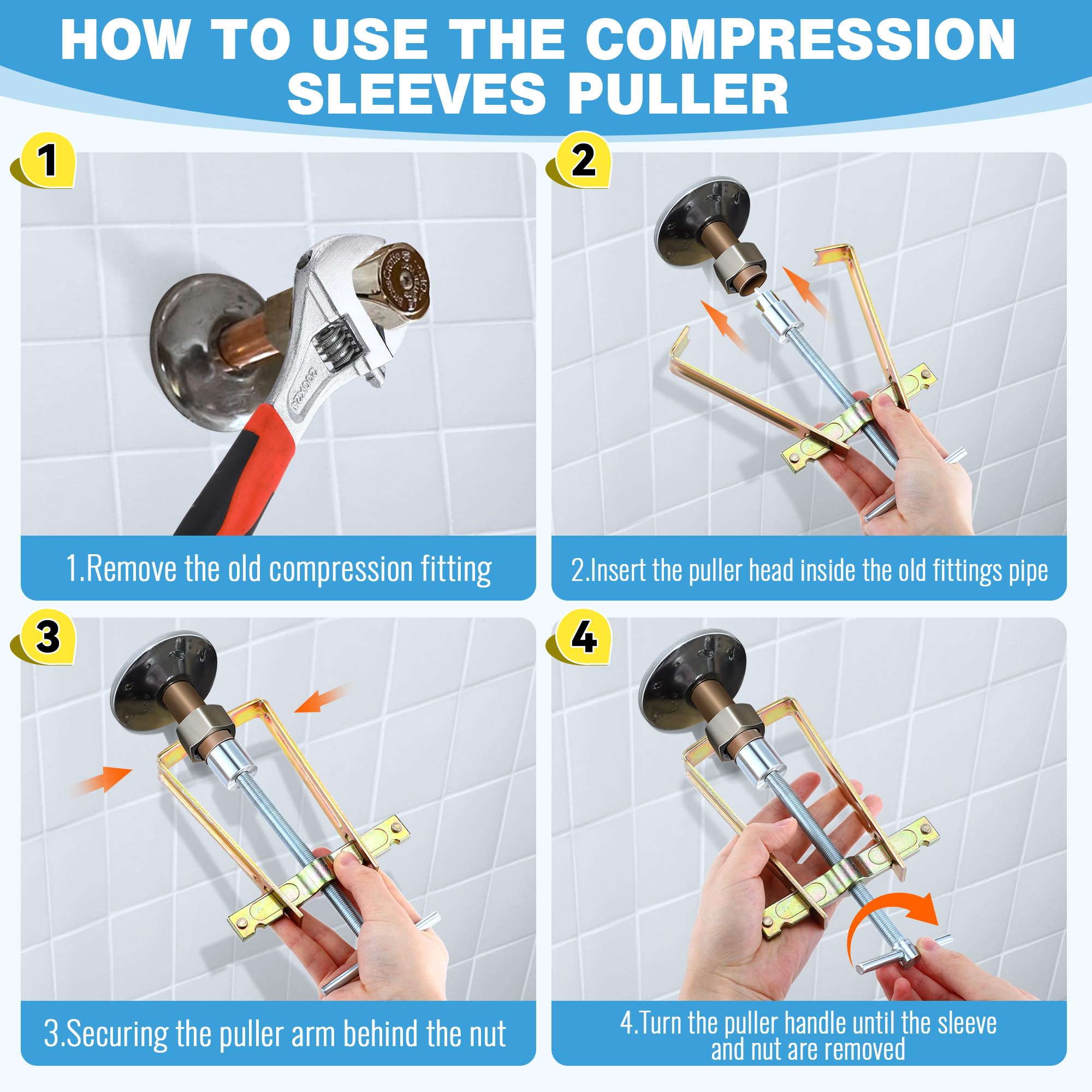 Enhon adjustable handle sleeve puller used in tight plumbing spaces