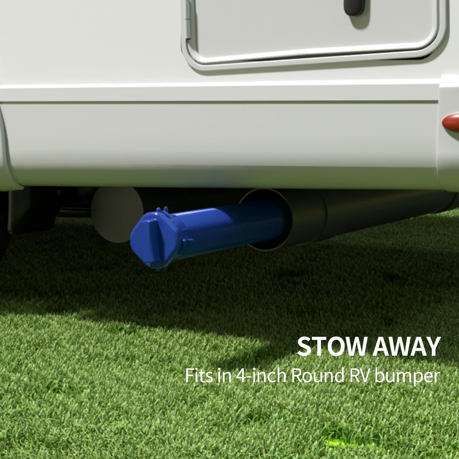 Eniora accordion-style storage keeps hoses compact in RV bumper compartments
