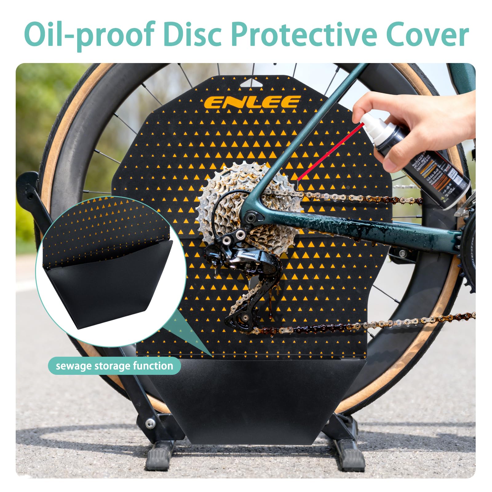 ENLEE bike disc brake cover, rear view, protects wheelset and brakes from spray.